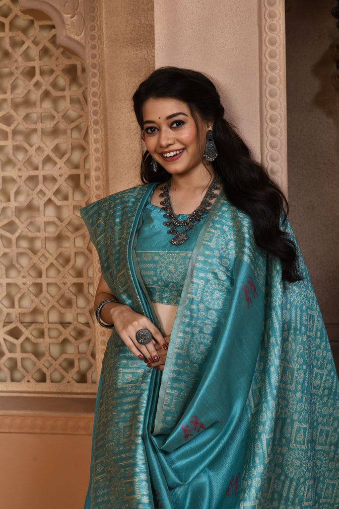 Women's Firozi Woven Handloom Raw Silk Saree with Tassels