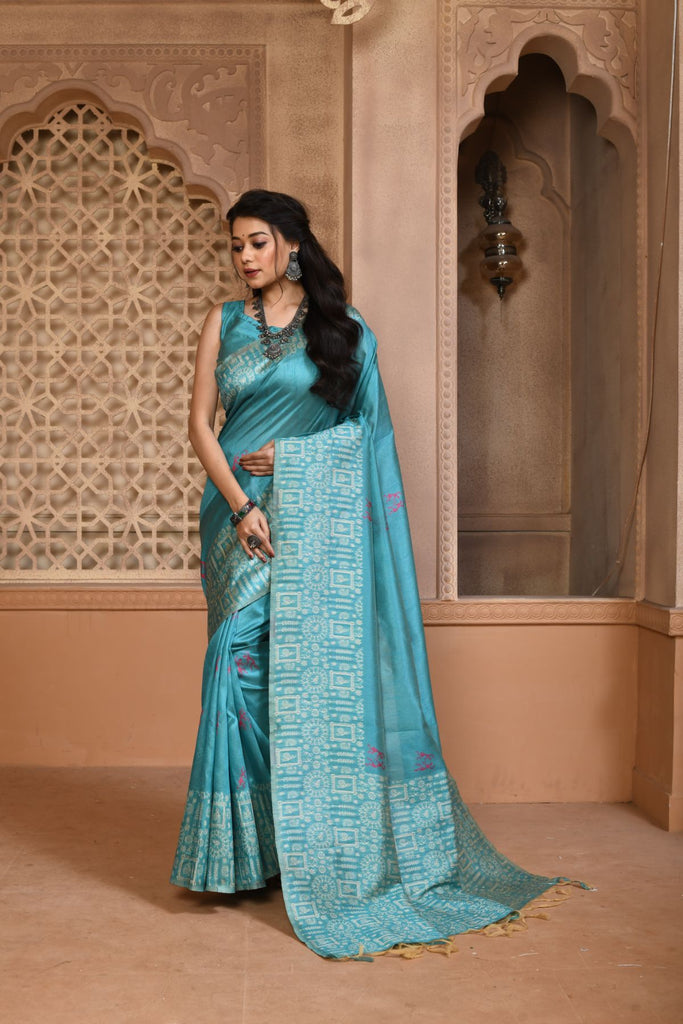 Women's Firozi Woven Handloom Raw Silk Saree with Tassels