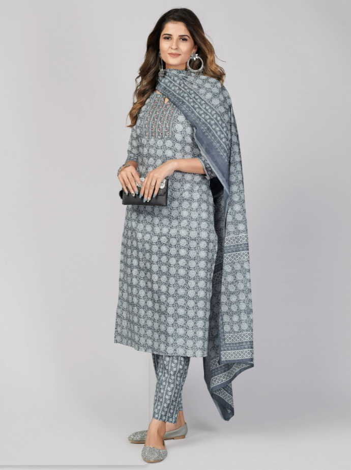 Women's Printed & Embellished & Mirror Work Straight Cotton Grey Stitched Kurta Pant With Dupatta (3Pcs Set) - Vbuyz