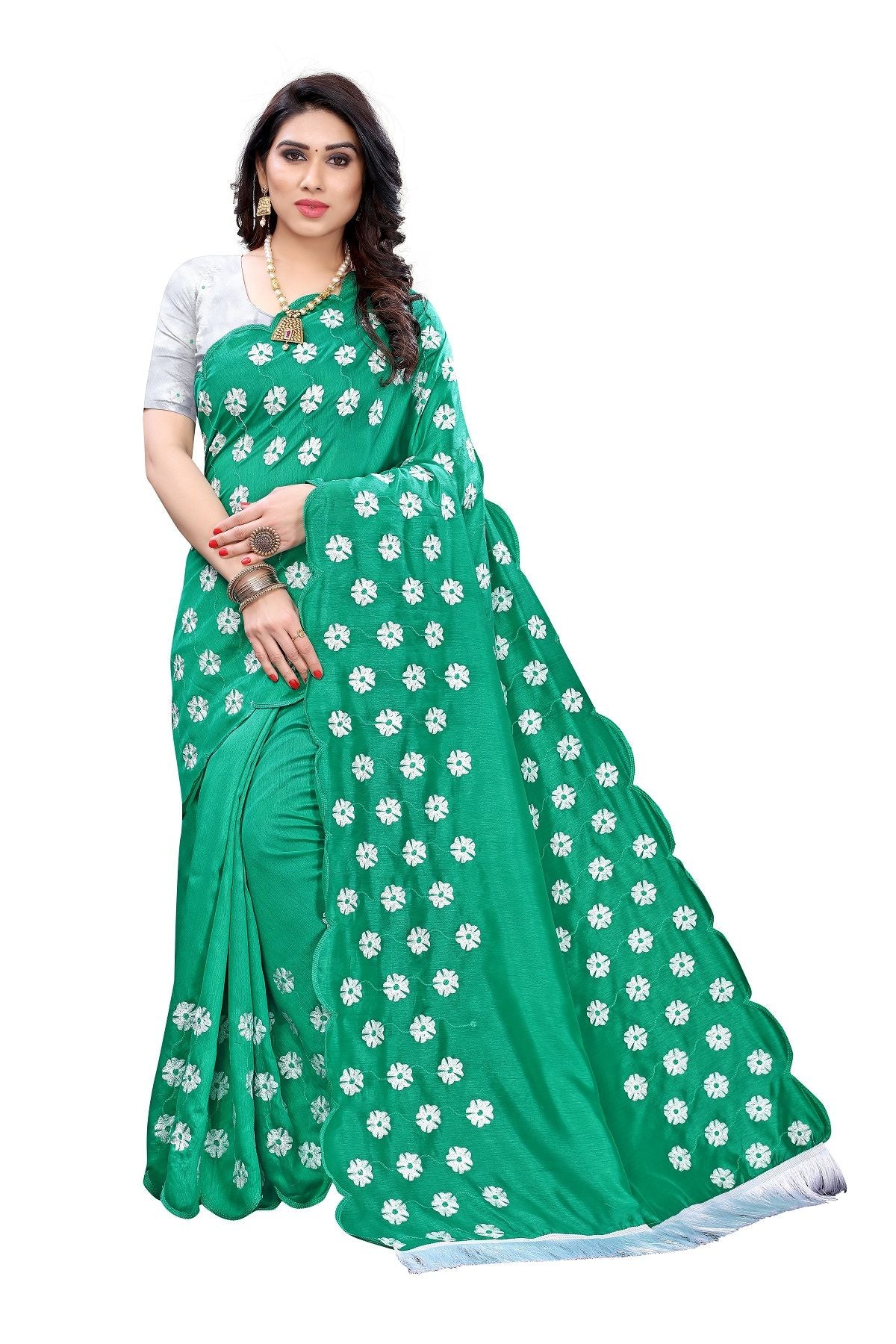 Women's Vamika Zoya Silk Embroidered Rama Green Saree-Rakhi Rama - Vamika
