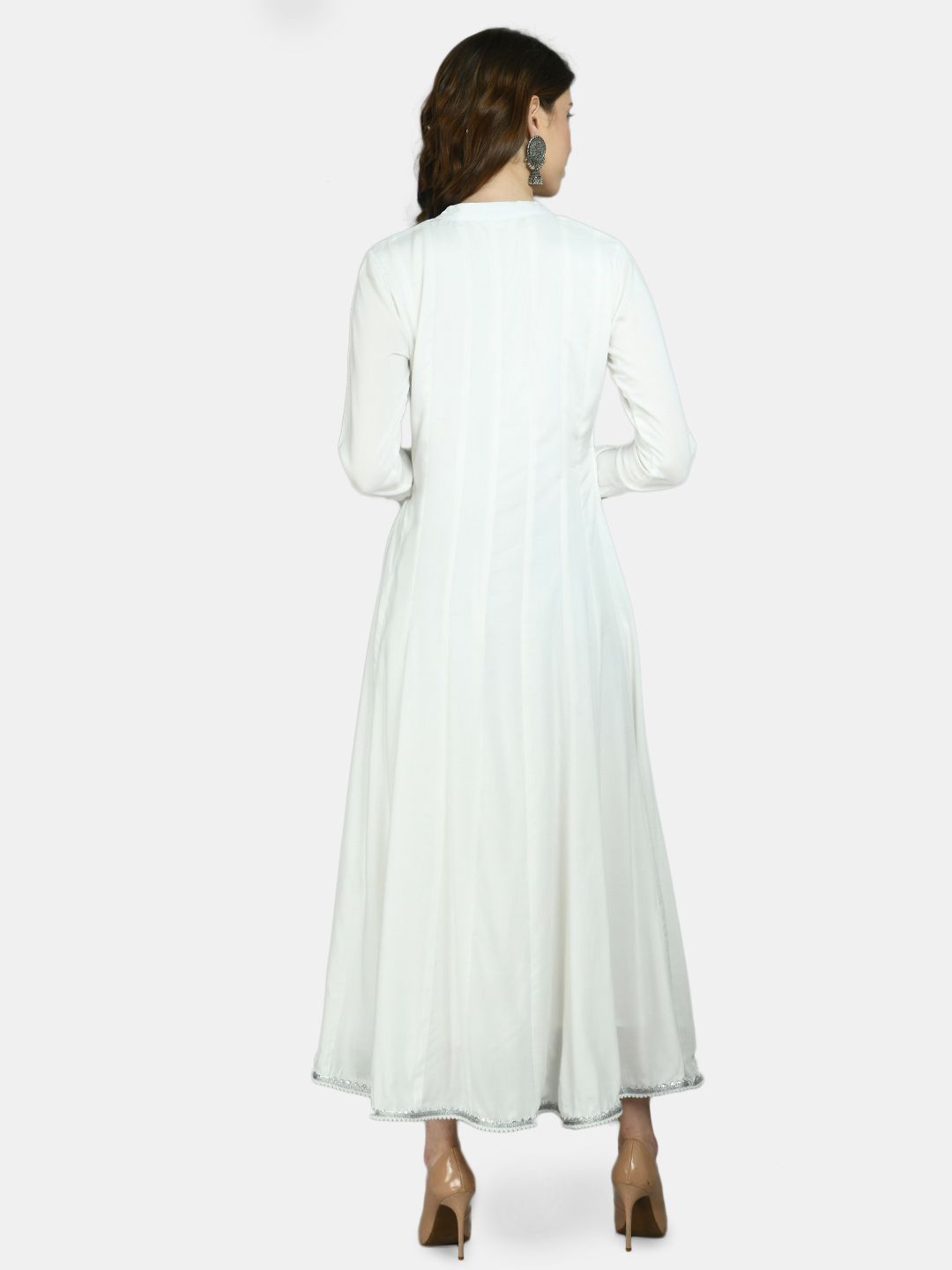 Women's White Viscose Solid Full Sleeve V Neck Casual Anarkali Kurta Dupatta Set - Myshka