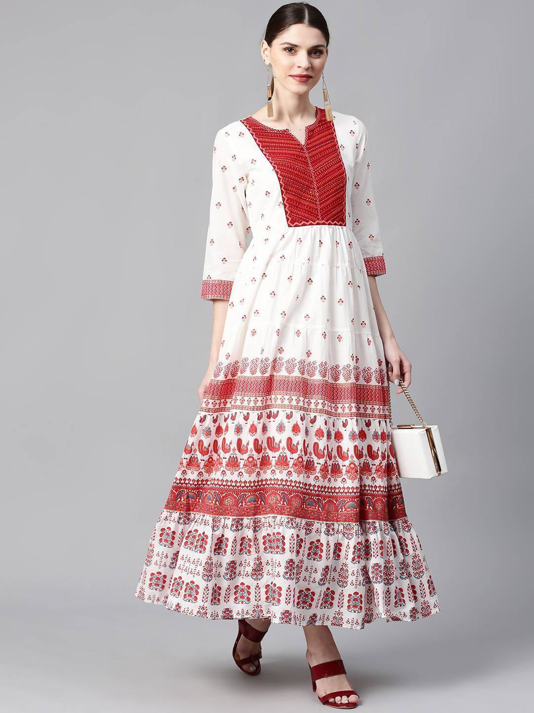 Buy_Women's_Maroon_Cotton_Printed_Tiered_Dress_Online_Trendia