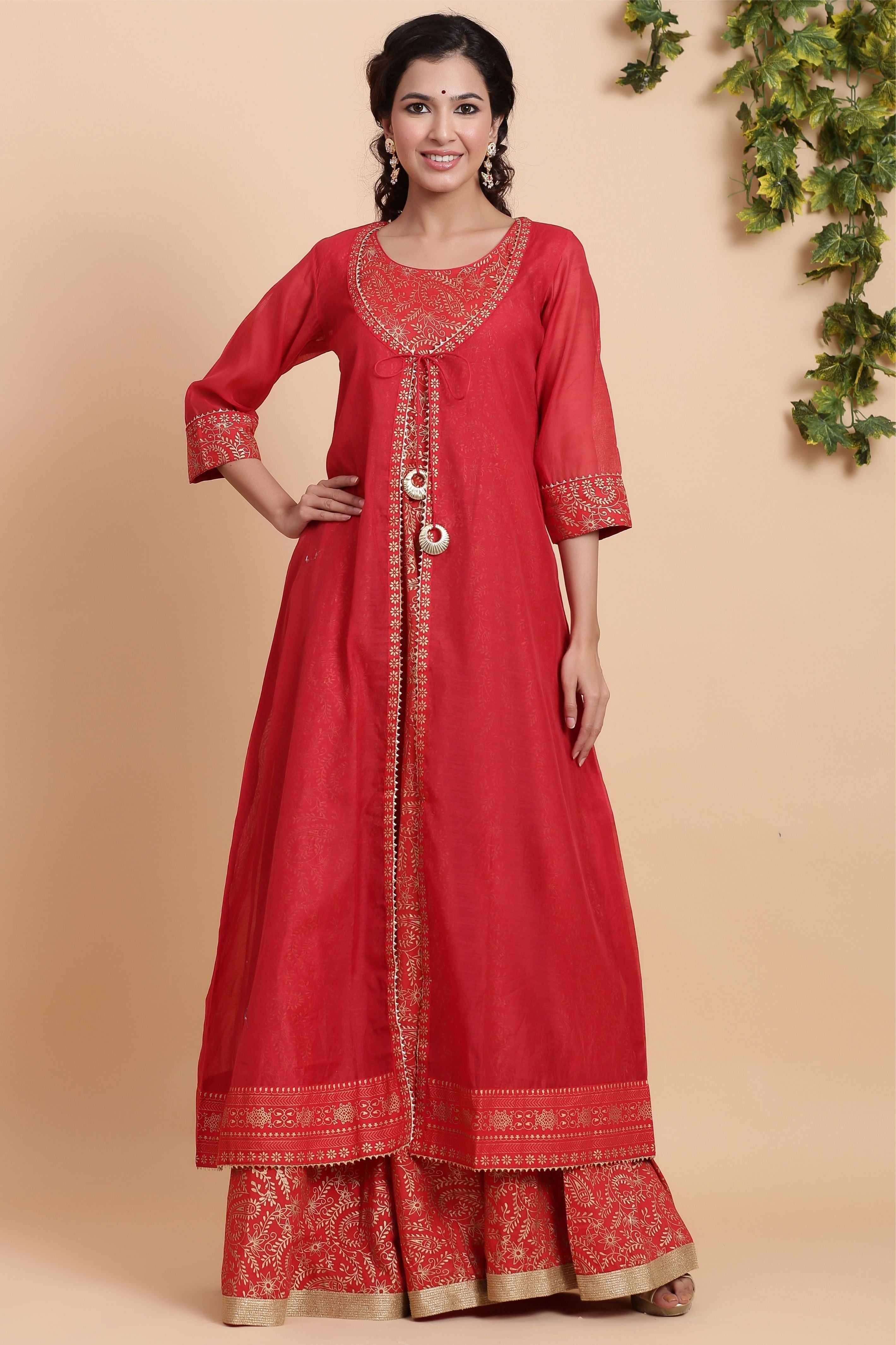 Women's Red Chanderi Layered Dress - Gillori