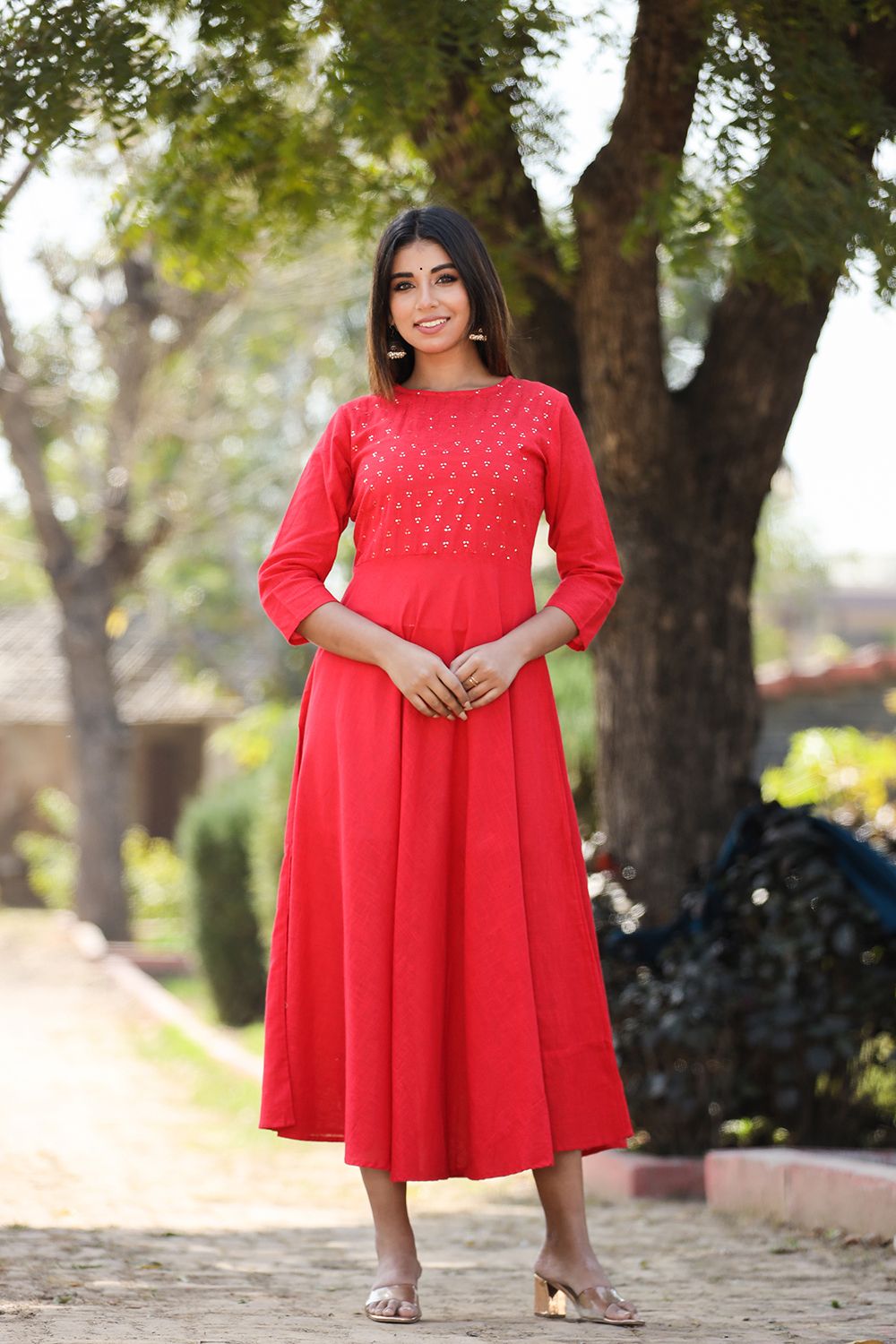 Women's Red Solid Sequin Anarkali Kurta - KAAJH