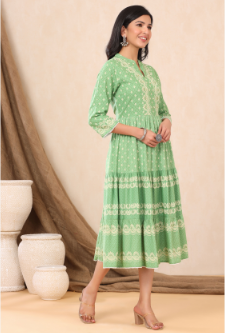 Women's Green Rayon Printed Tiered Dress - Juniper