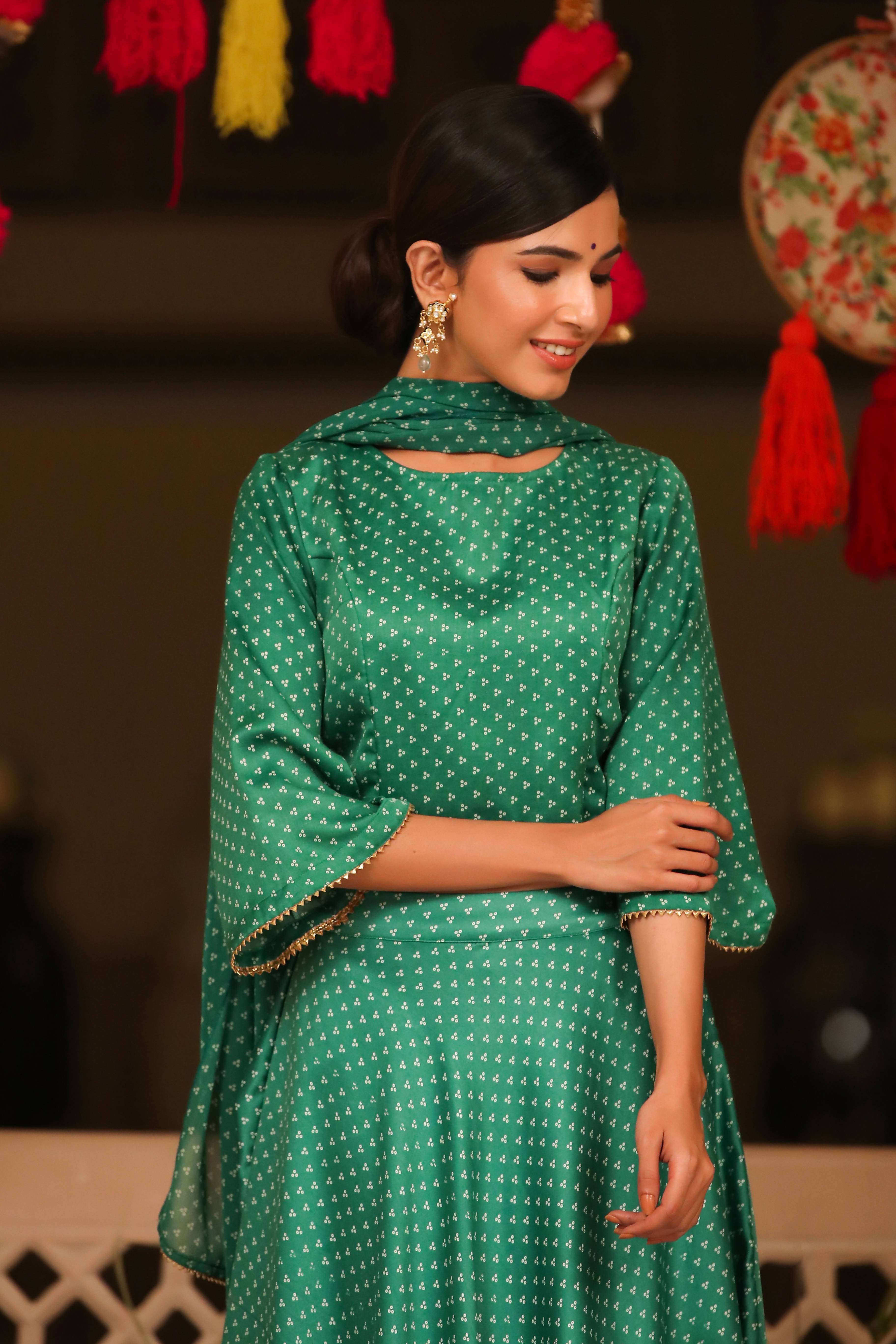 Women's Green Dull Satin Printed Lehenga Choli & Dupatta Set - Juniper