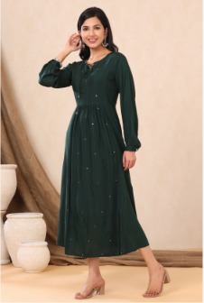 Women's Jadegreen Rayon Embroidered A-Line Dress - Juniper