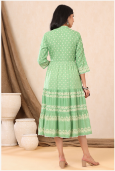 Women's Green Rayon Printed Tiered Dress - Juniper