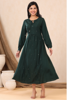 Women's Jadegreen Rayon Embroidered A-Line Dress - Juniper
