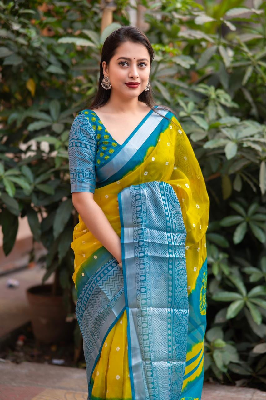 Women's Soft jute silk saree with allover bandhani print and cut broasso border. - stavacreation