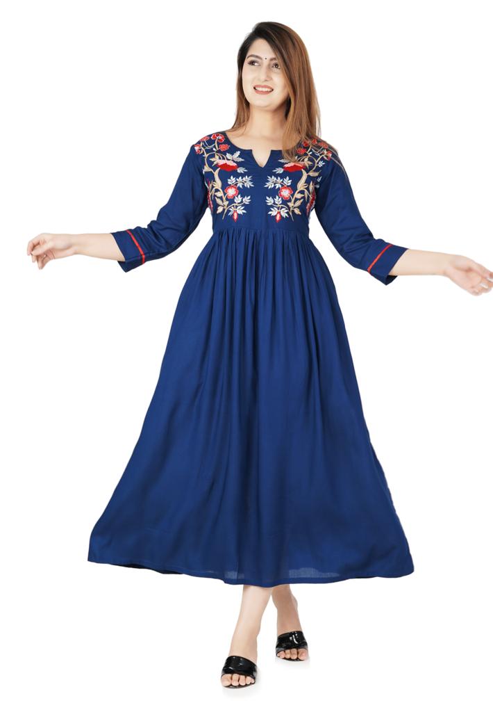 Women's Blue Rayon Embroidery Party Wear/Casual Wear Only Kurti - Vamika
