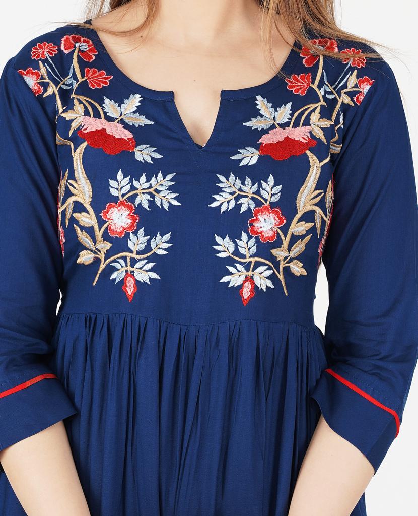 Women's Blue Rayon Embroidery Party Wear/Casual Wear Only Kurti - Vamika