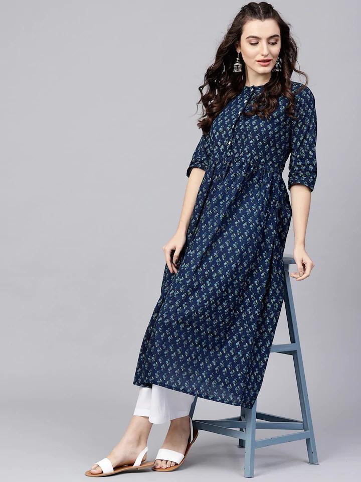 Women's Navy Blue Printed Cotton Party Wear/Casual Wear Kurta Set/Suit (2Pieces) - Vamika