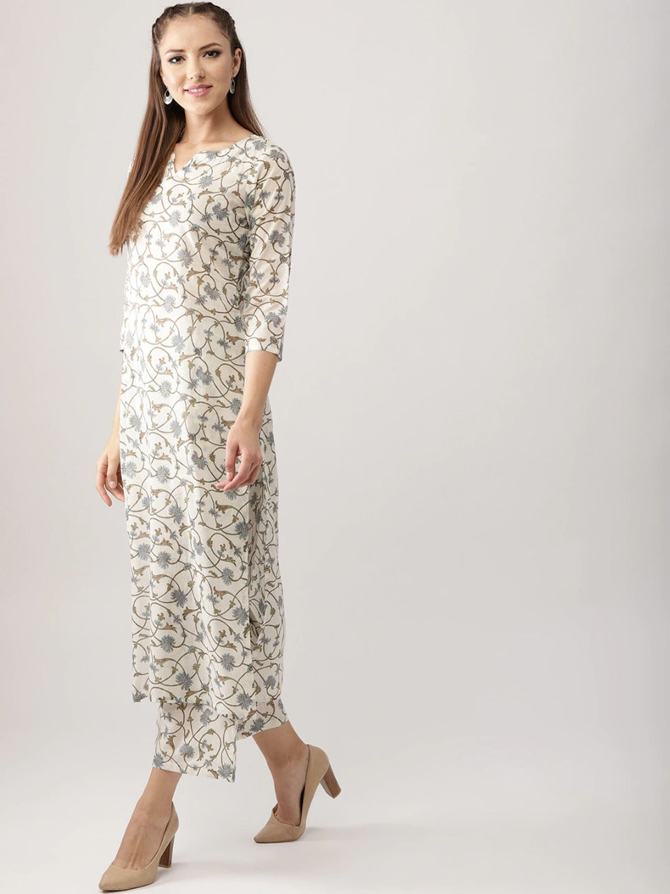 Women's Cream Printed Cotton Party Wear/Casual Wear Kurta Set/Suit (3Pieces) - Vamika