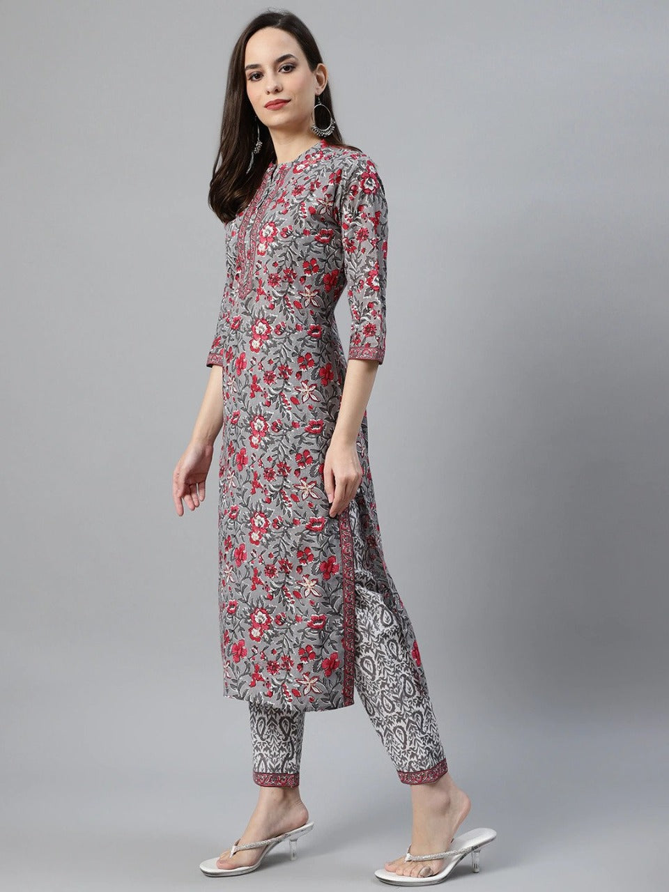 Women's Grey Printed Cotton Party Wear/Casual Wear Kurta Set/Suit (3Pieces) - Vamika