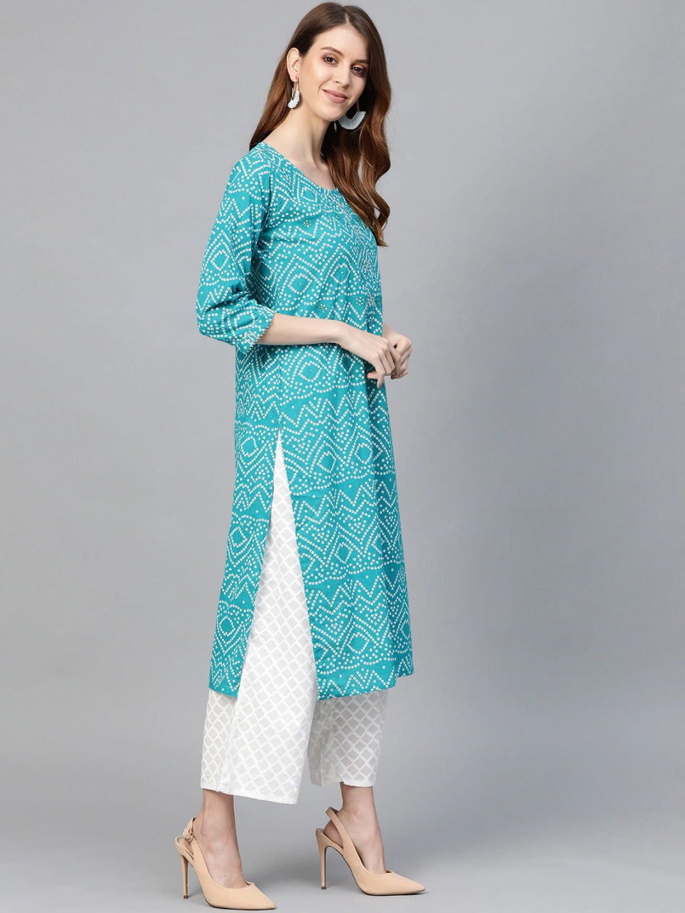 Women's Sky Blue Printed Cotton Party Wear/Casual Wear Kurta Set/Suit (2Pieces) - Vamika