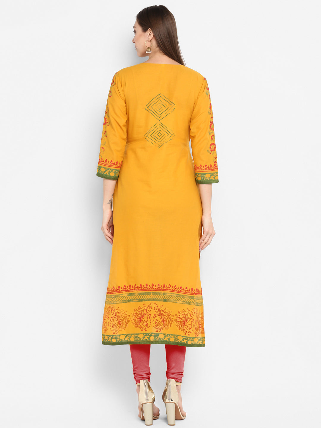Women's Mustard Cotton Printed Straight Kurti With Block Print - Wahe-Noor