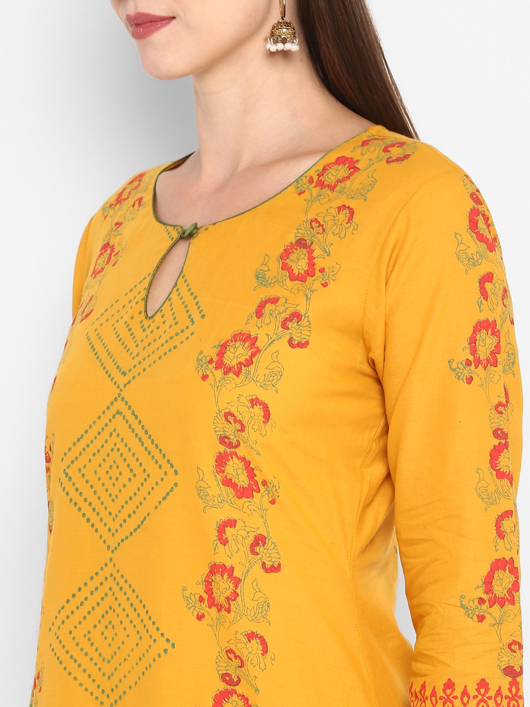 Women's Mustard Cotton Printed Straight Kurti With Block Print (1 Pc) - Noz2Toz