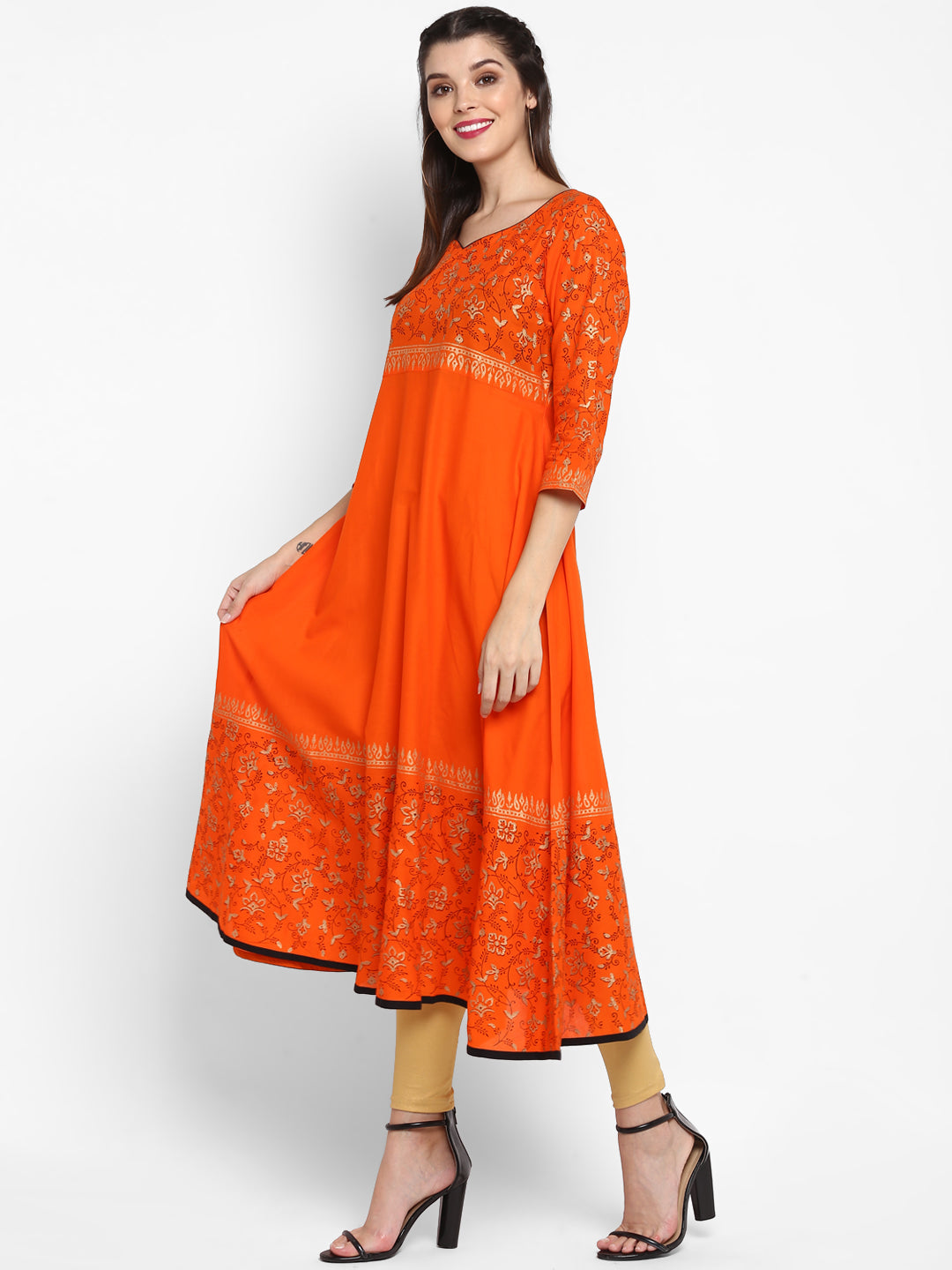 Women's Orange Cotton Printed Anarkali Kurti With Block Print - Wahe-Noor