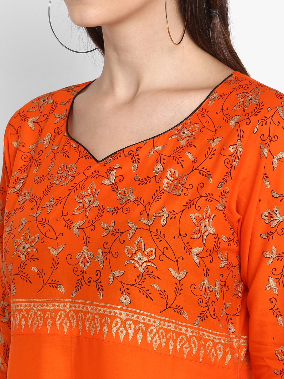 Women's Orange Cotton Printed Anarkali Kurti With Block Print - Wahe-Noor