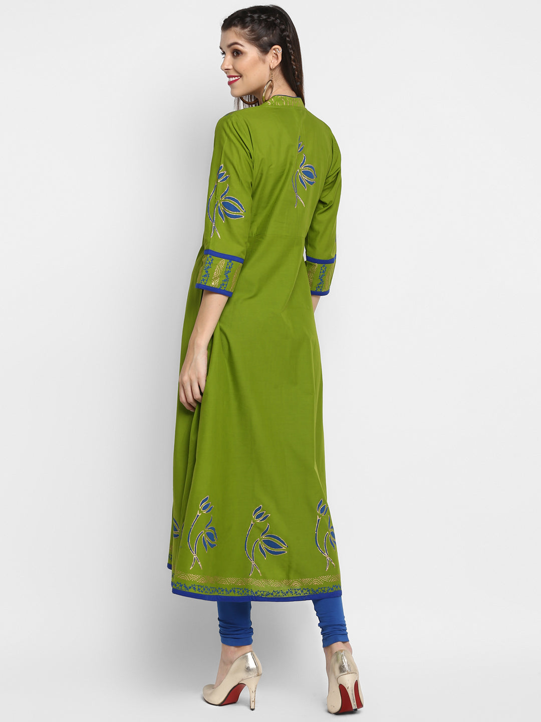 Women's Green Cotton Printed Anarkali Kurti With Block Print - Wahe-Noor