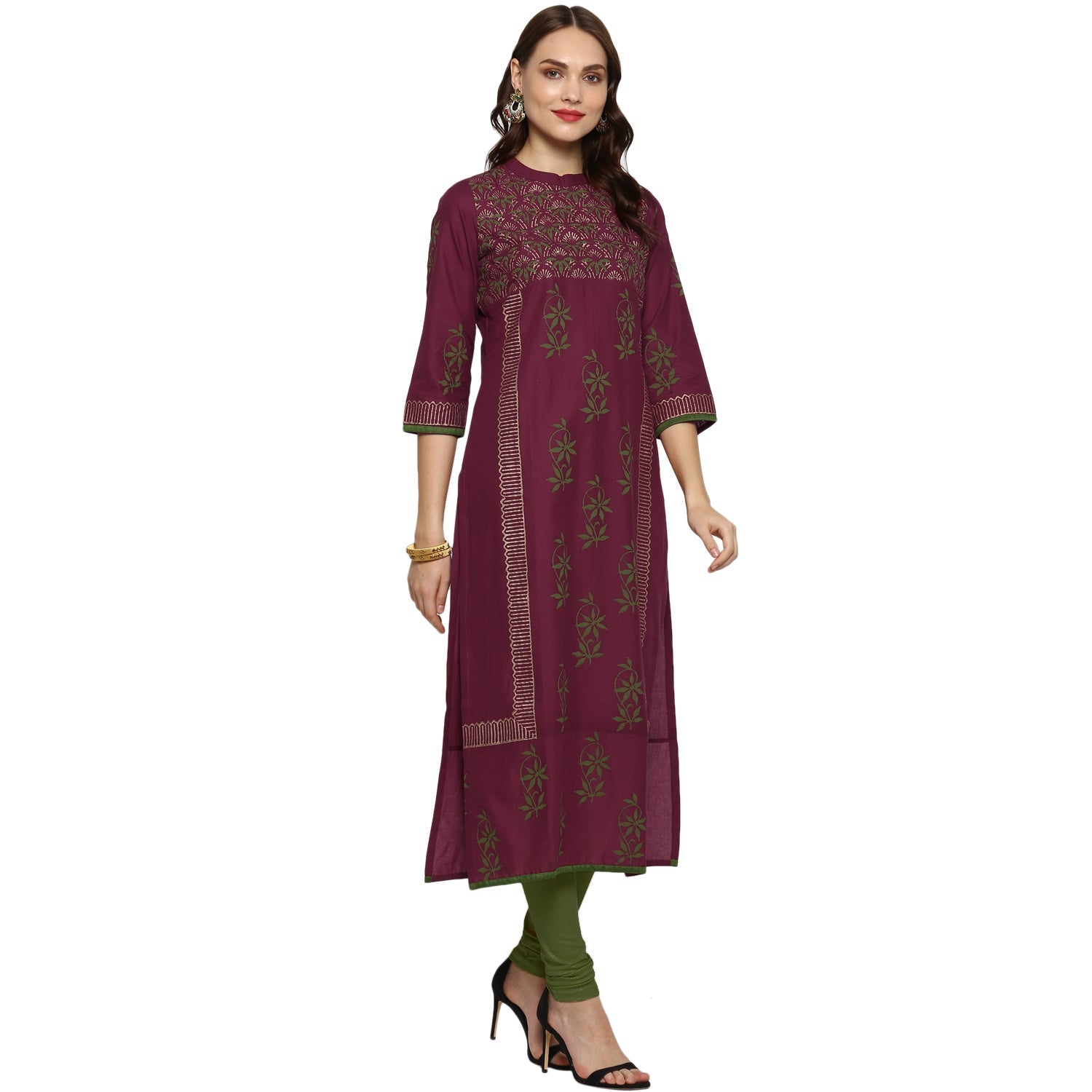 Women's Purple & Green Cotton Printed Straight Kurti With Block Print - Wahe-Noor