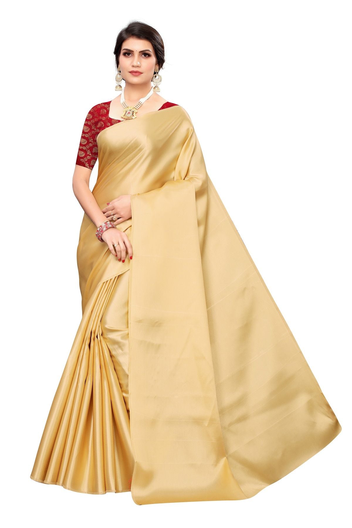 Women's Red  Golden Satin Designer Saree - Vamika