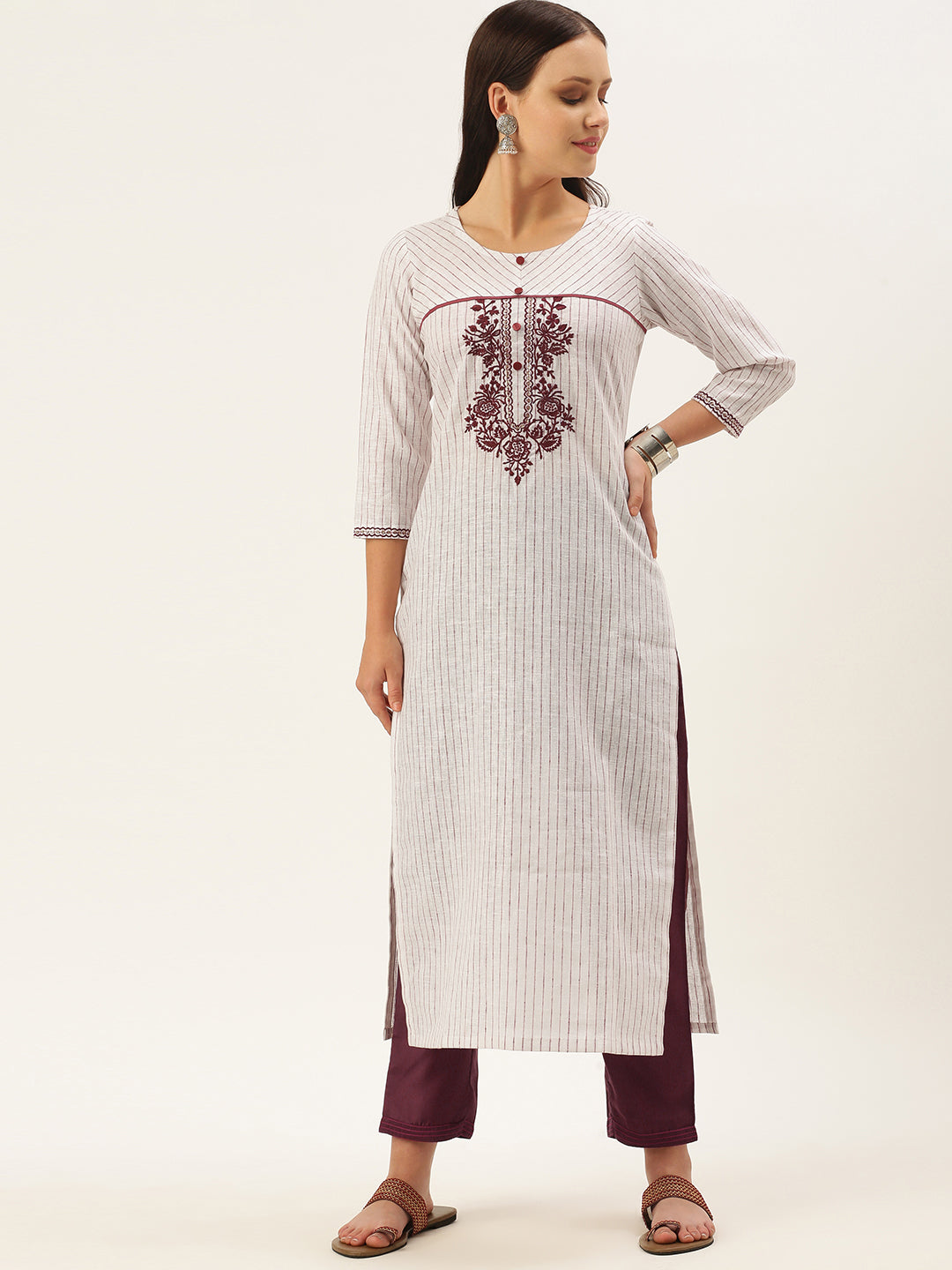 Women's White Color Cotton Blend Checked Striped Embroidered Kurta Pant Set - VAABA