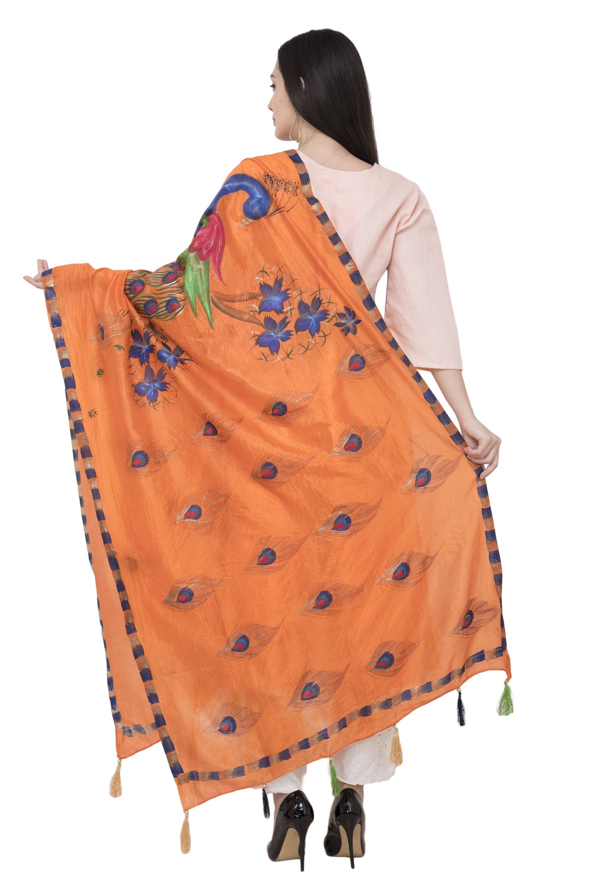 A R Silk Silk Peacock Multi Fancy Dupatta Color Orange Dupatta or Chunni