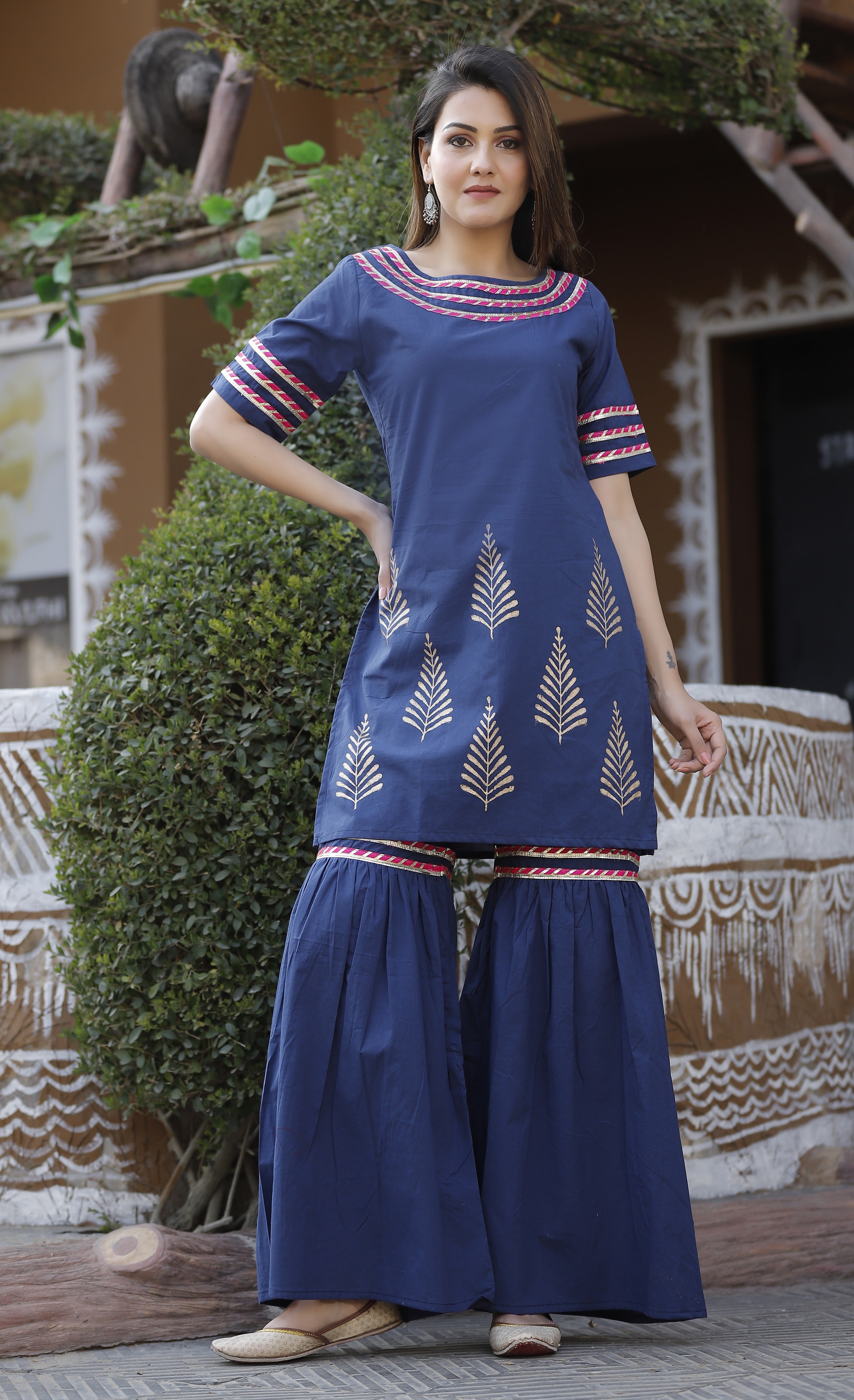 Women's Blue Hand Block Printed Sharara Set - Geeta Fashion