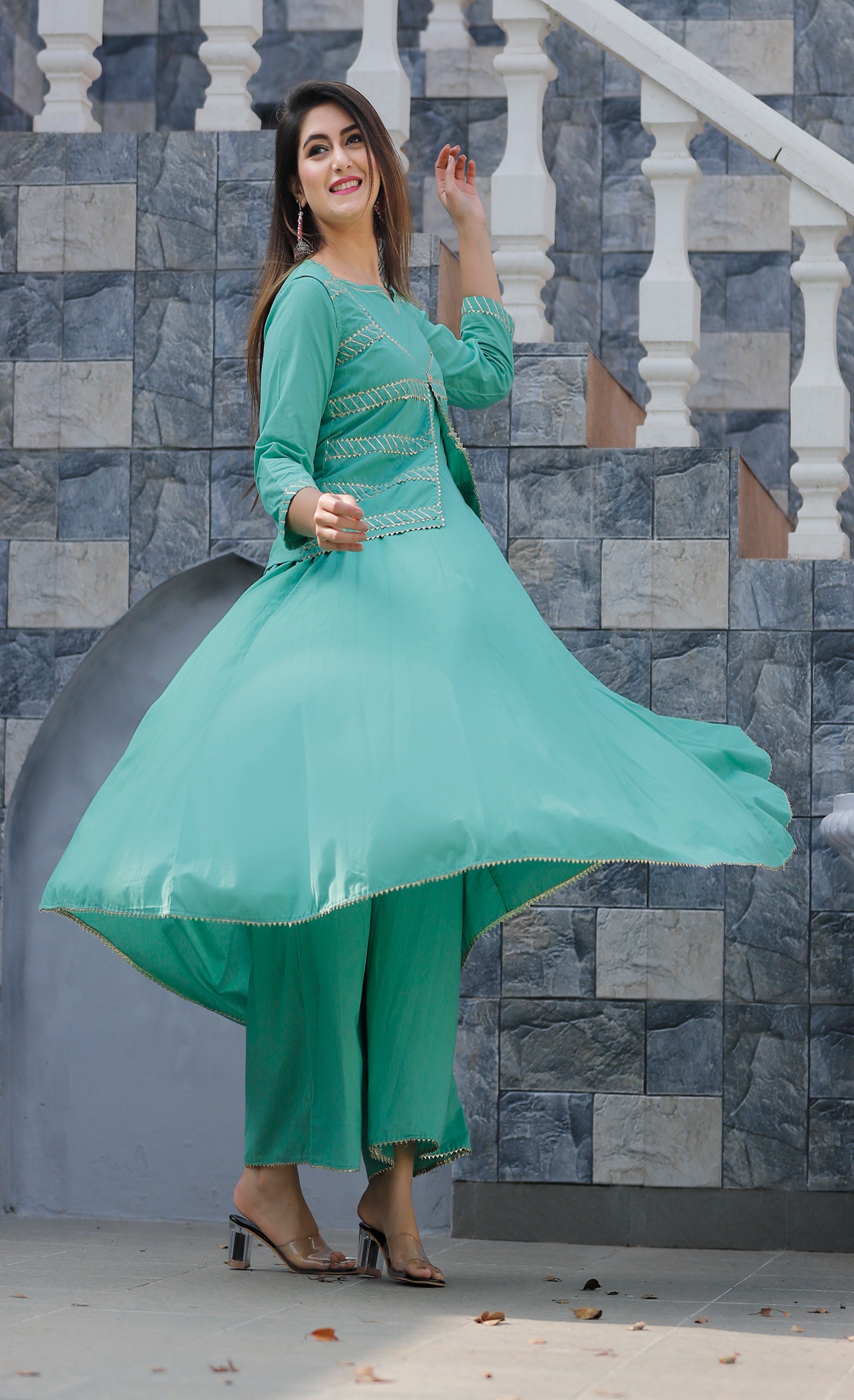 Women's Blue Solid Anarkali Set With Jacket - Geeta Fashion