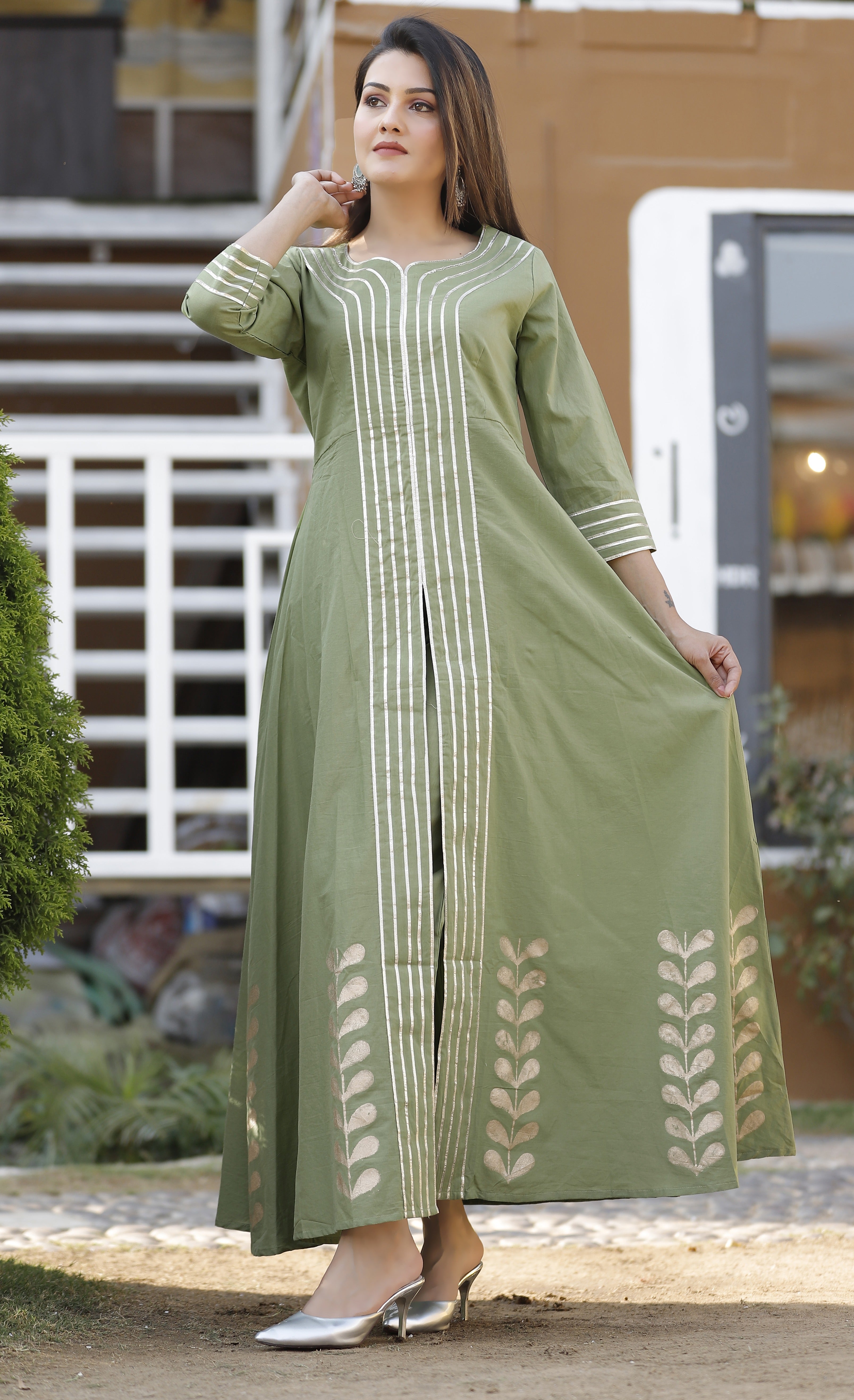 Women's Olive Green Gota Patti Kurta Pant Set - Geeta Fashion