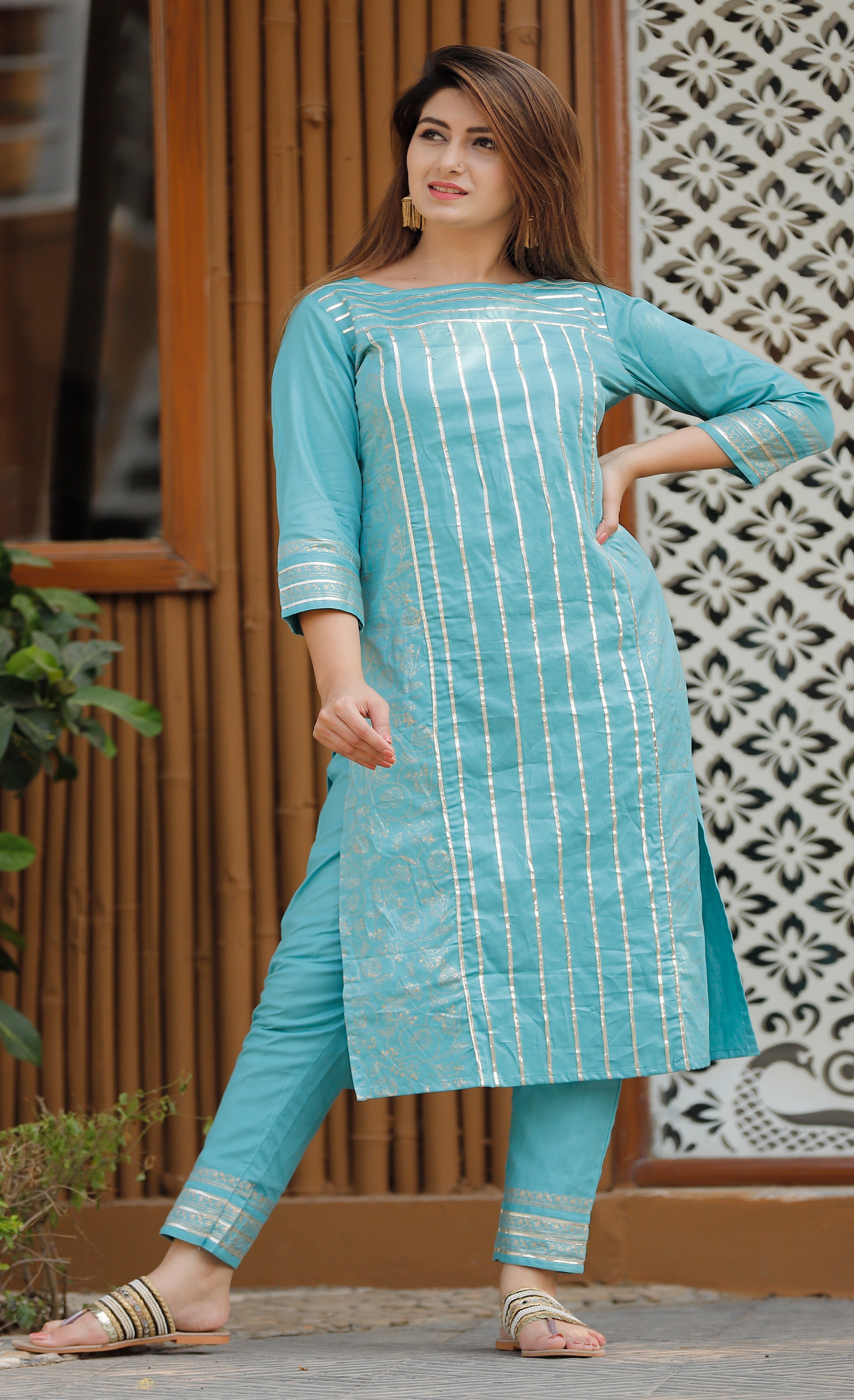 Women's Silver Striped Sea Green Kurta Pant Set - Geeta Fashion