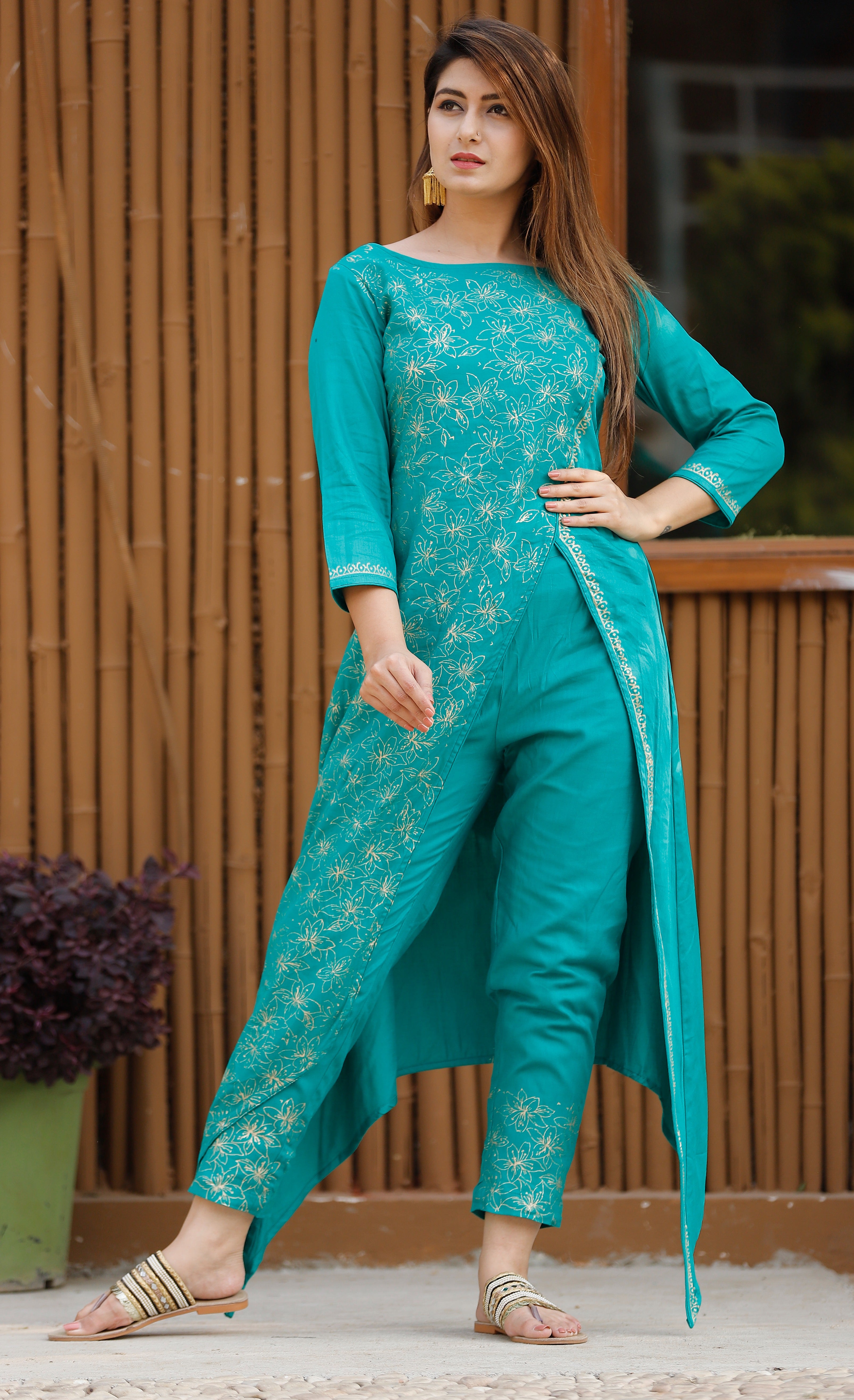 Women's Green A-Cut Kurta Pant Set - Geeta Fashion