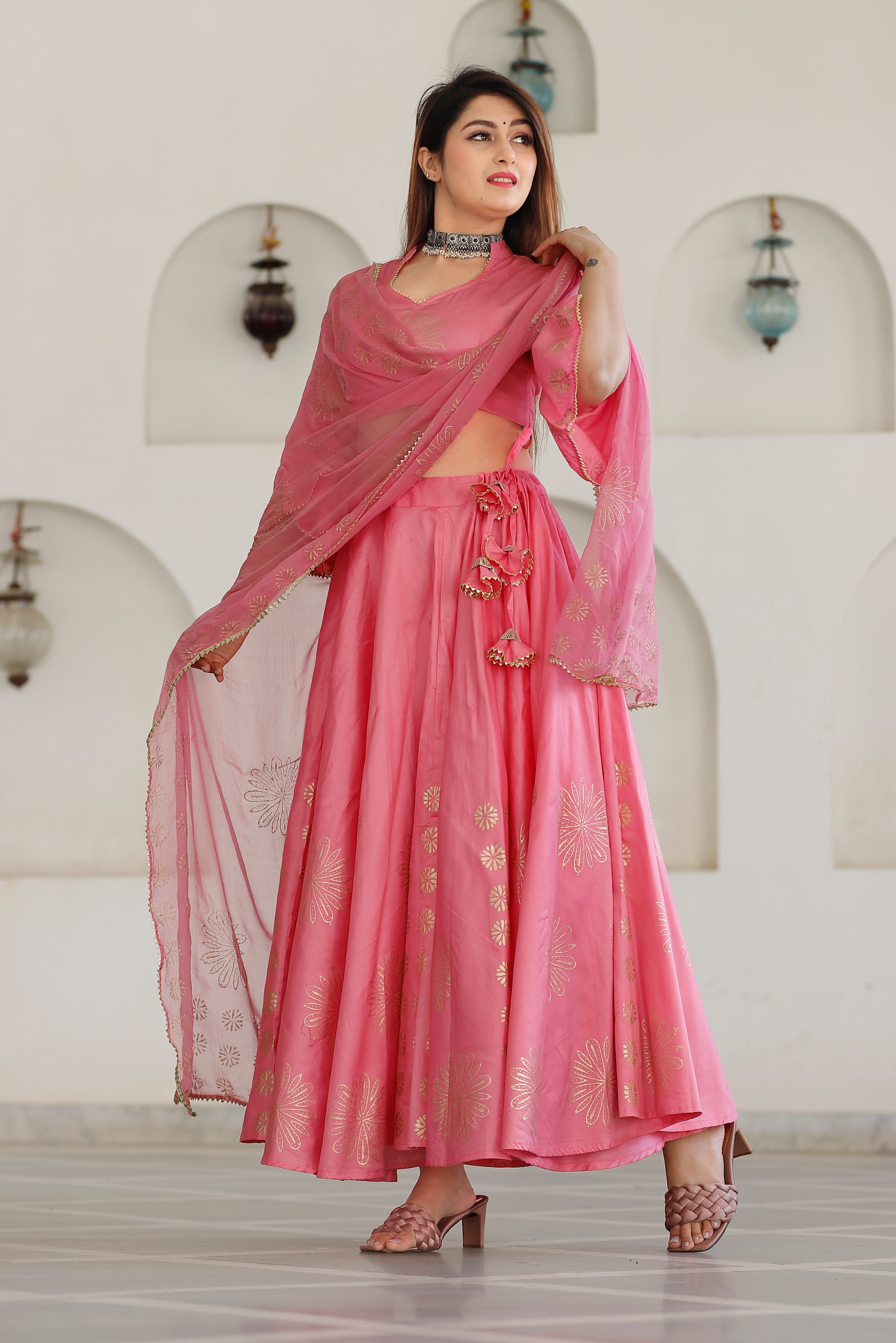 Women's Pink Hand Block Lehenga Choli Set - Geeta Fashion
