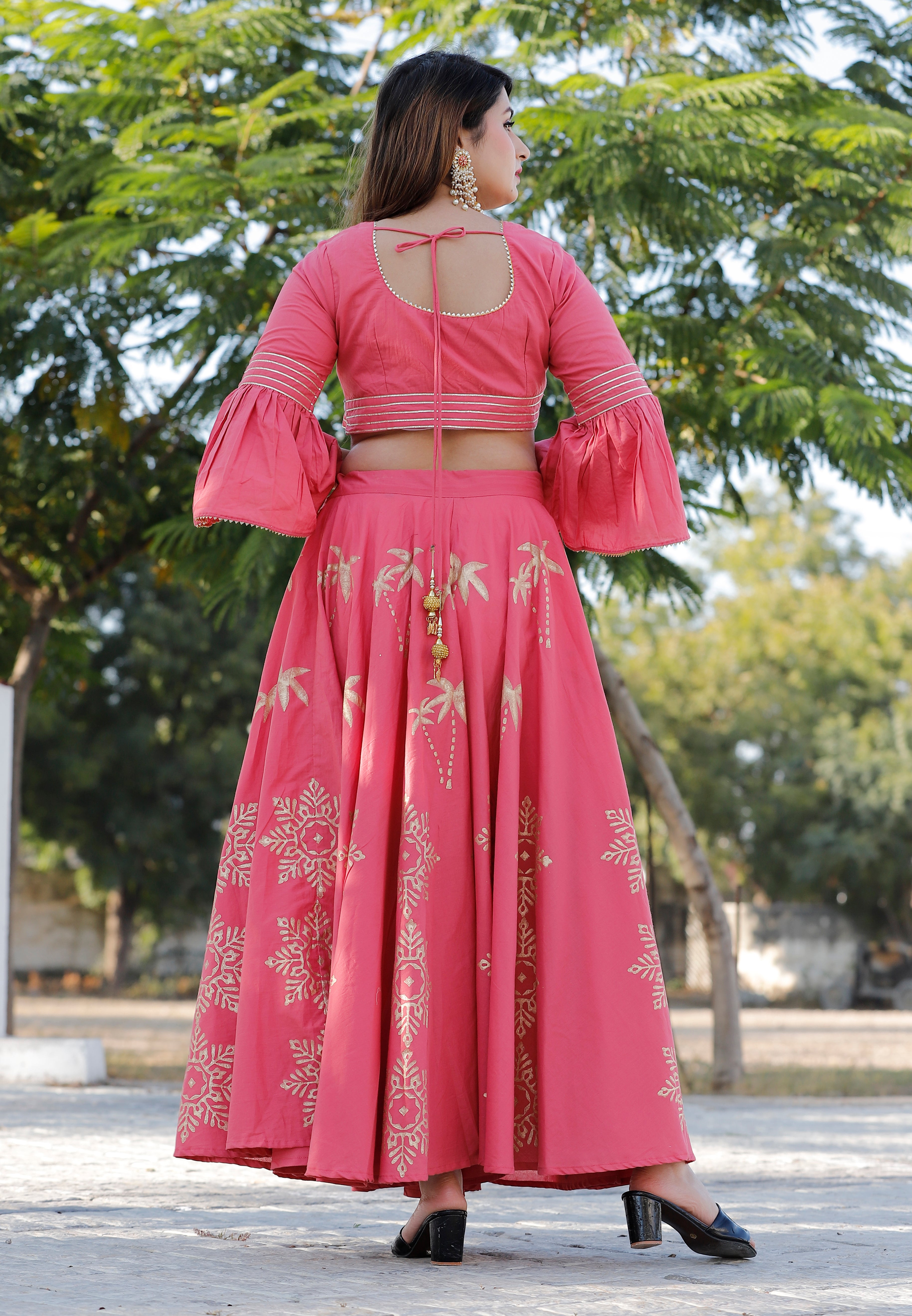 Women's Pink Hand Block Lehenga Choli Set - Geeta Fashion