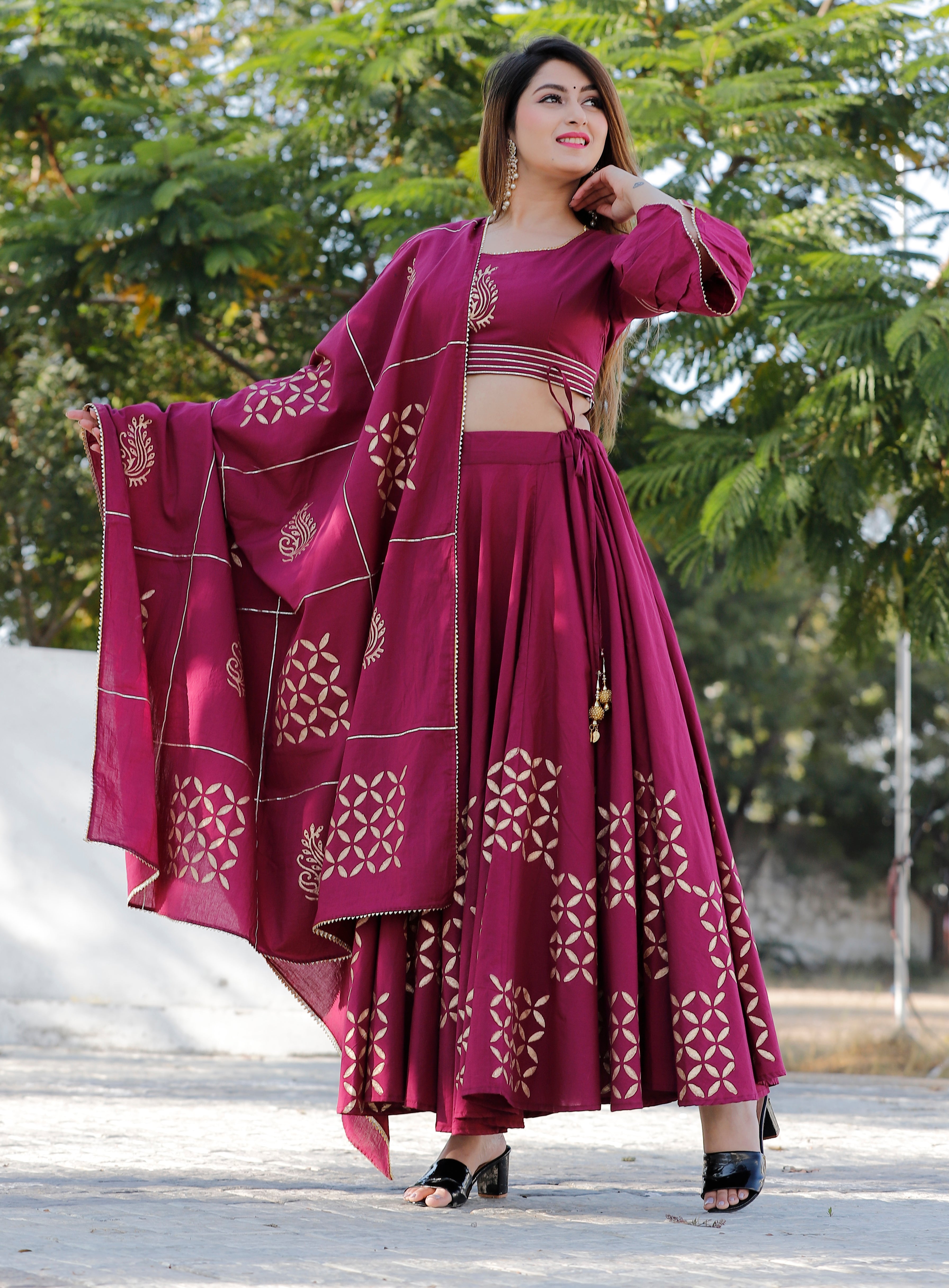 Women's Purple Hand Block Lehenga Choli Set - Geeta Fashion