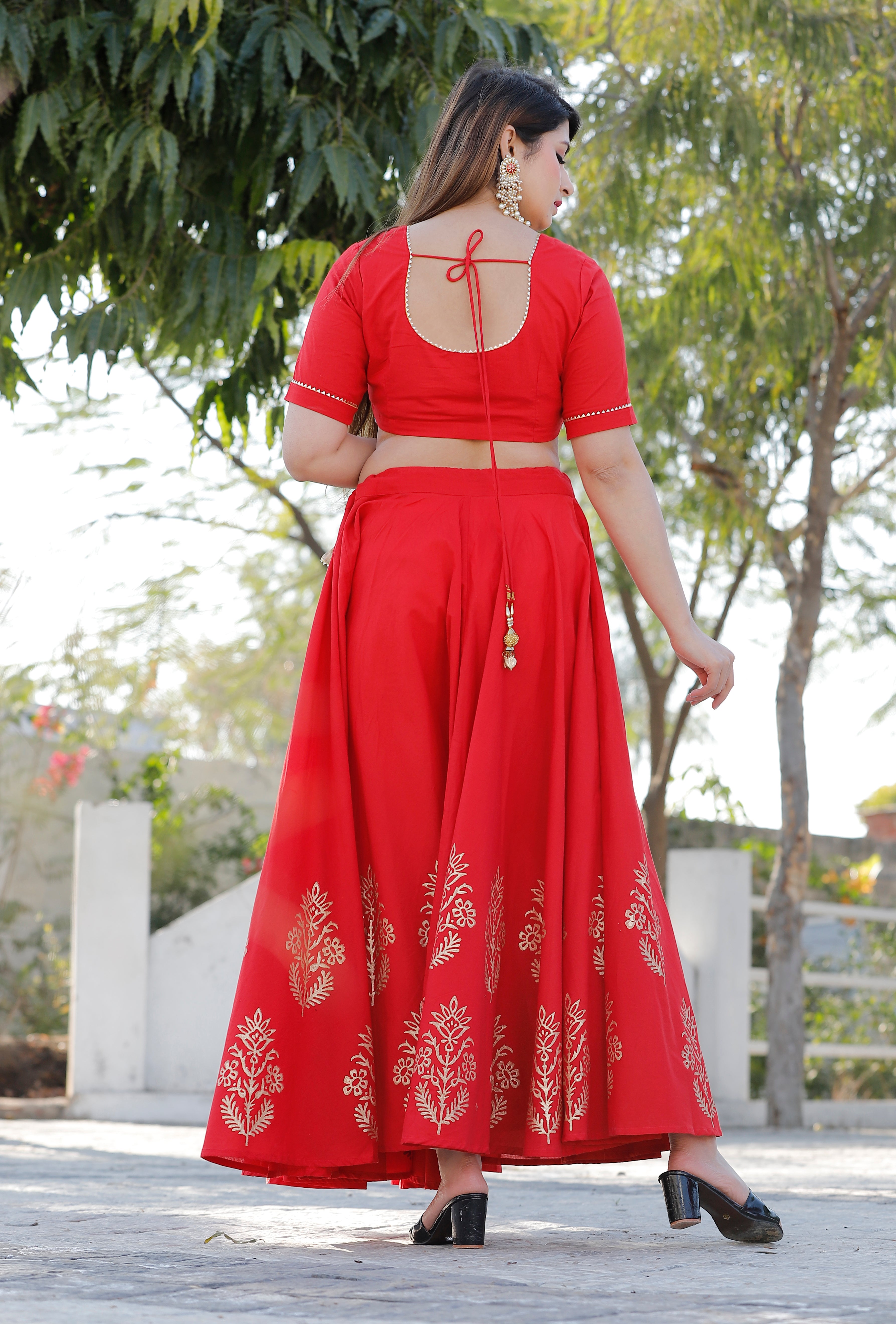 Women's Red Hand Block Lehenga Choli Set - Geeta Fashion