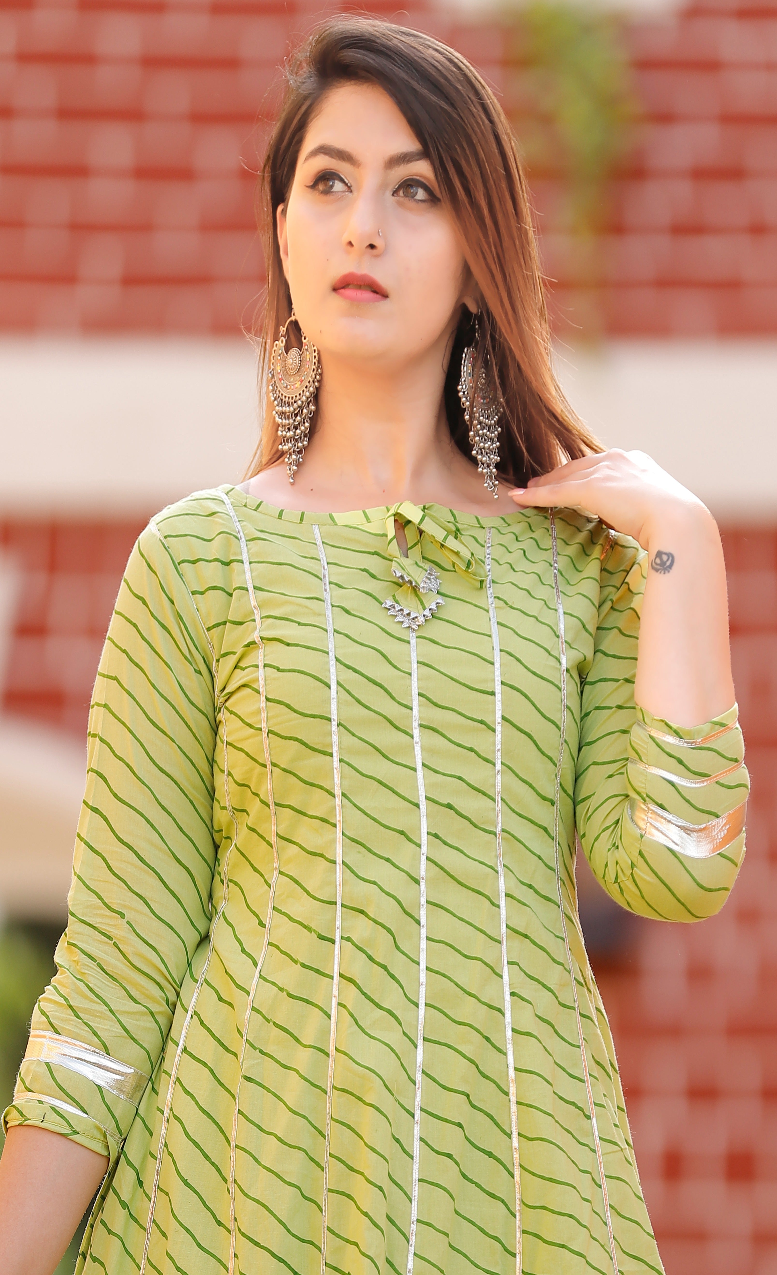 Women's Green Hand Block Anarkali Kurta Pant Set - Geeta Fashion