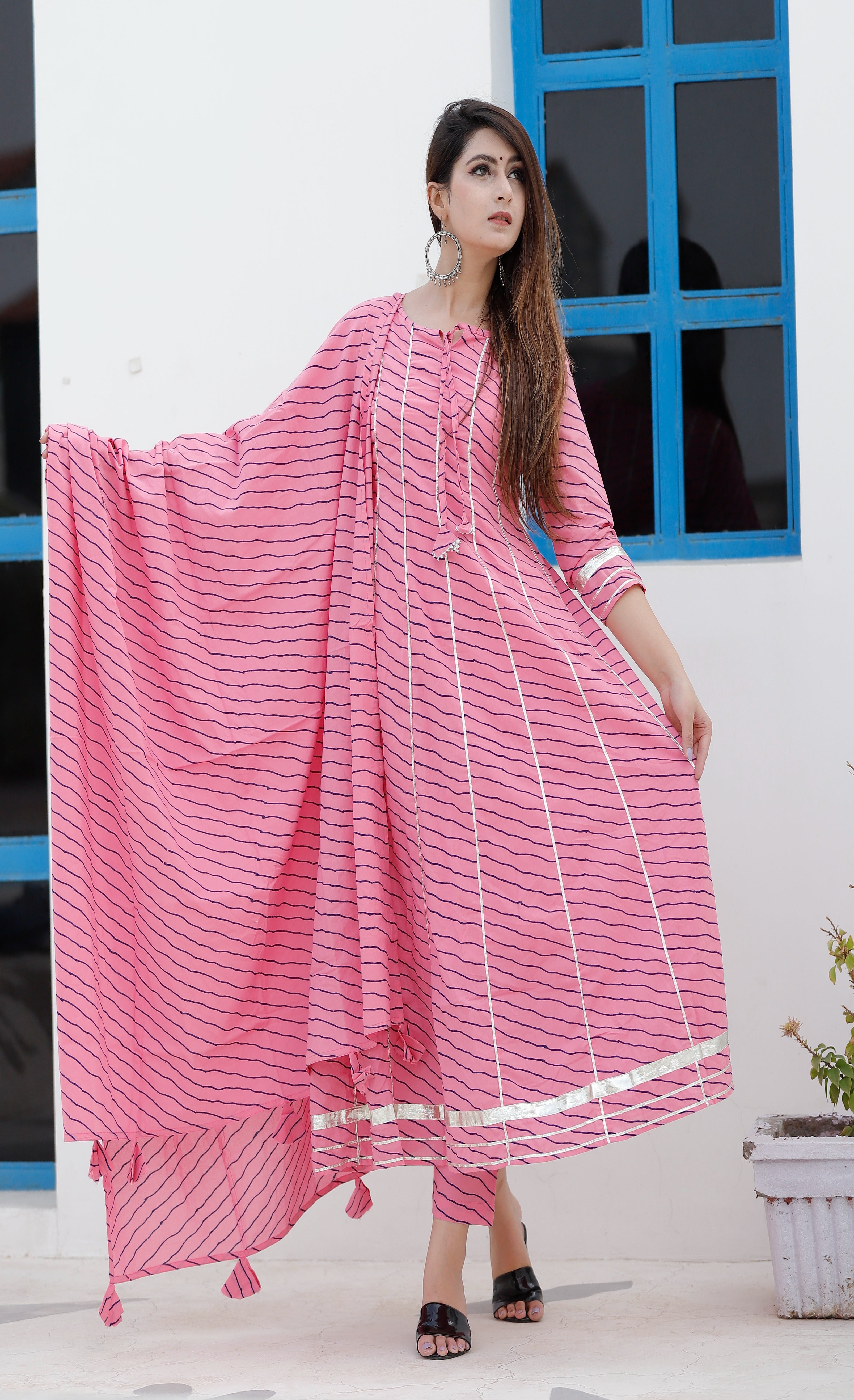 Women's Rose Pink Leheriya Anarkali Kurta Pant Set - Geeta Fashion
