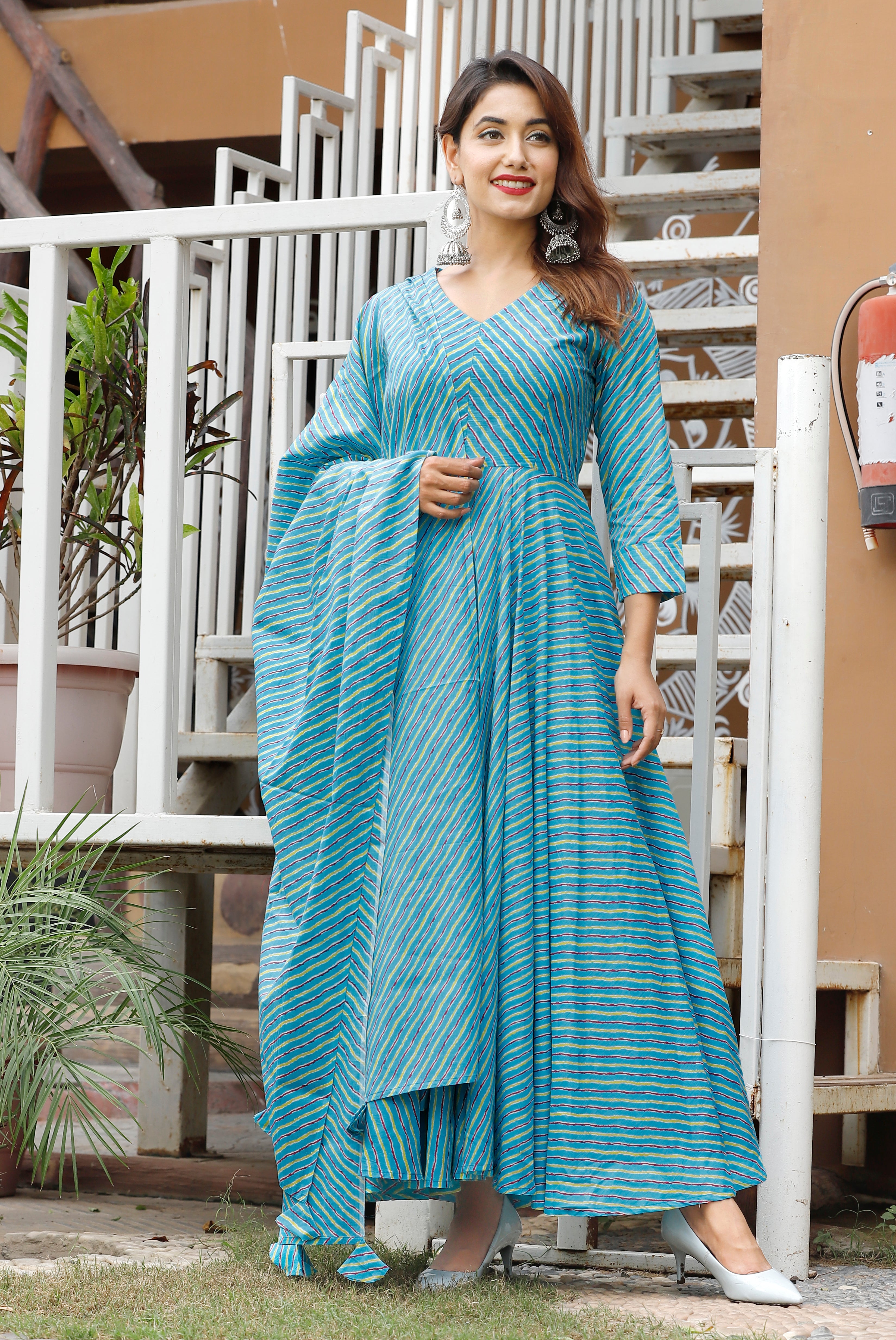 Women's Blue Leheriya Anarkali Set - Geeta Fashion