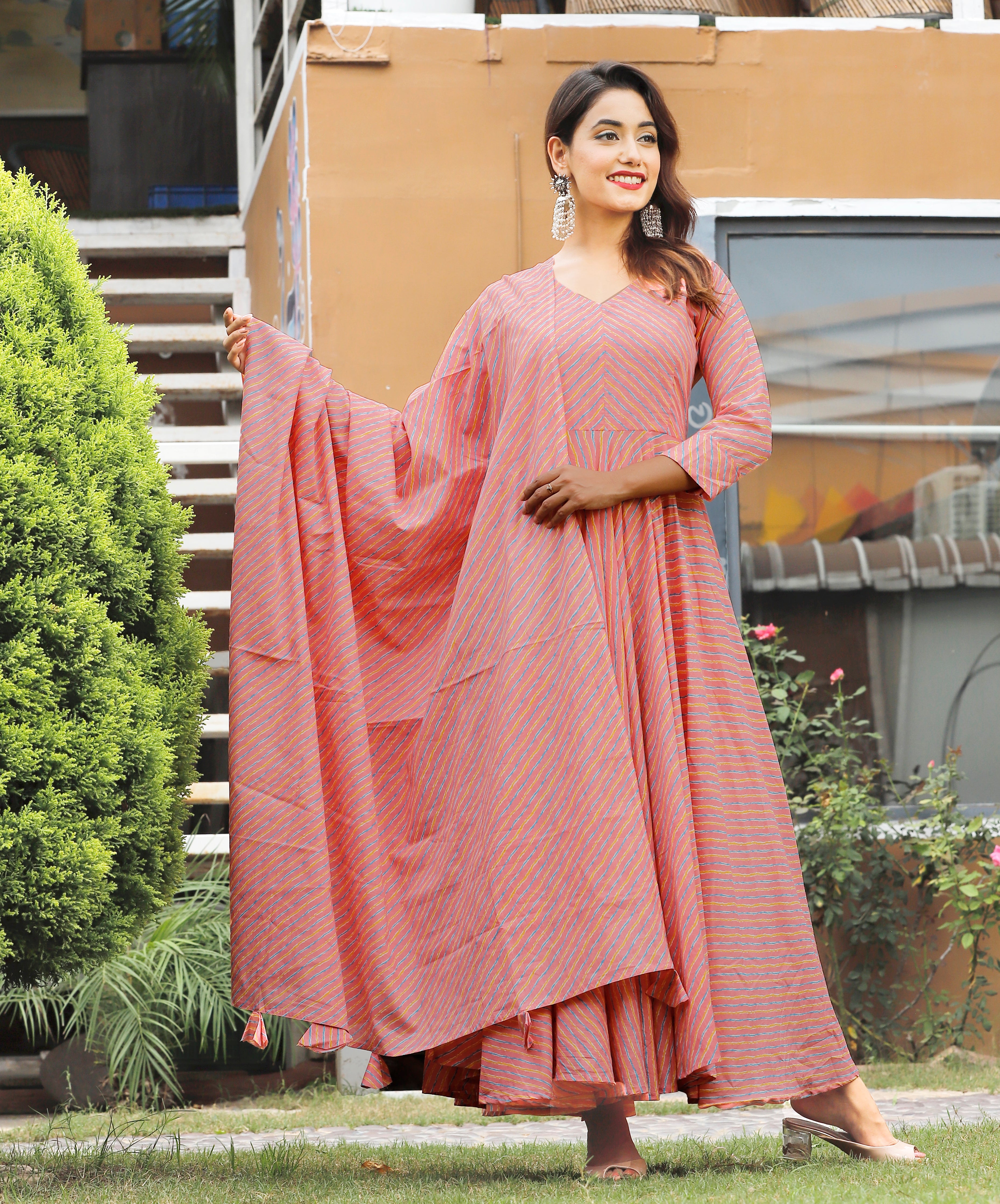 Women's Pink Leheriya Anarkali Set - Geeta Fashion