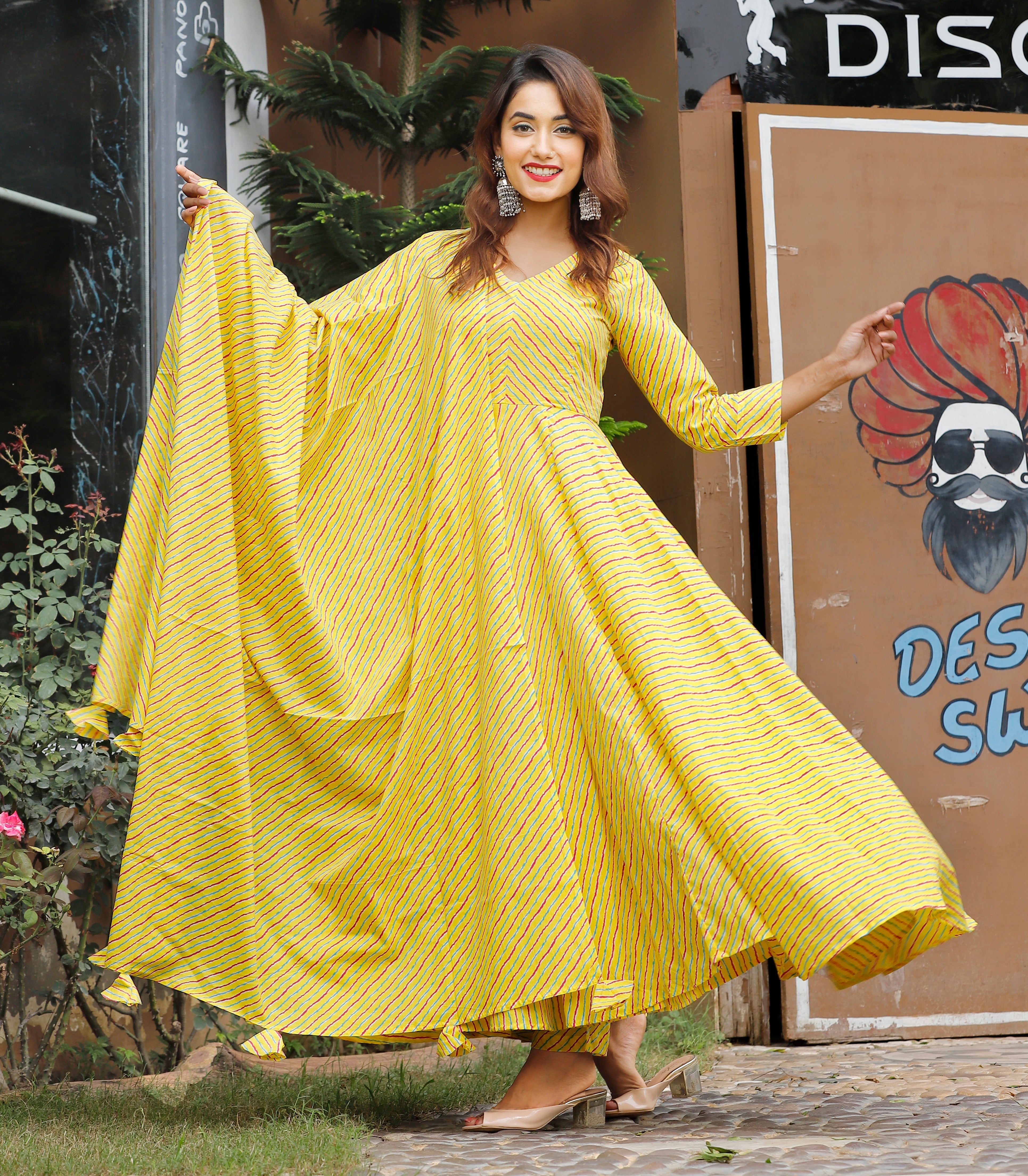 Women's Yellow Anarkali Suit set with Pants & Dupatta by Geeta Fashion- (3pcs set)