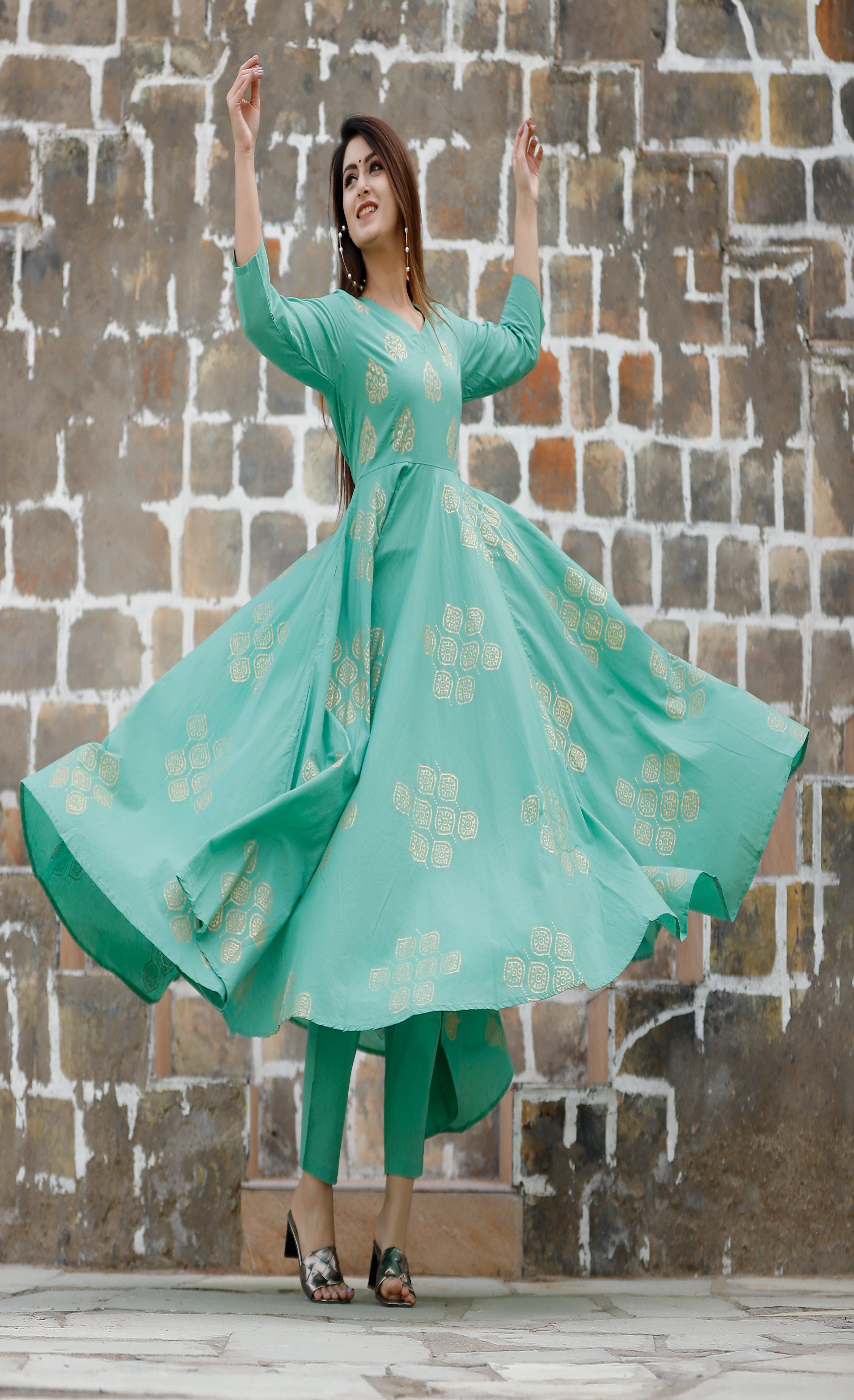 Women's Mint Green Hand Block Anarkali Set - Geeta Fashion