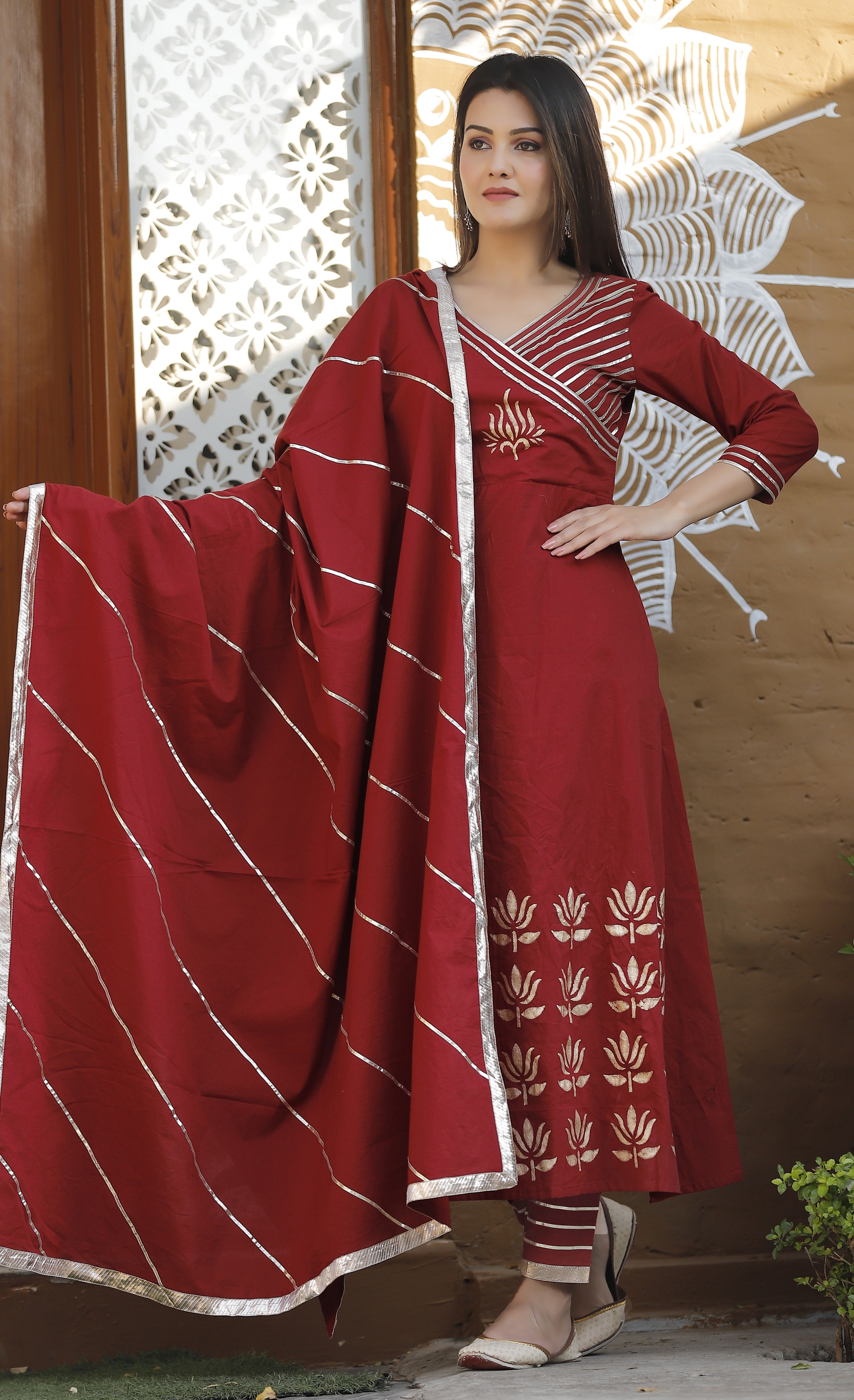 Women's Maroon Kurta Pant Set - Geeta Fashion