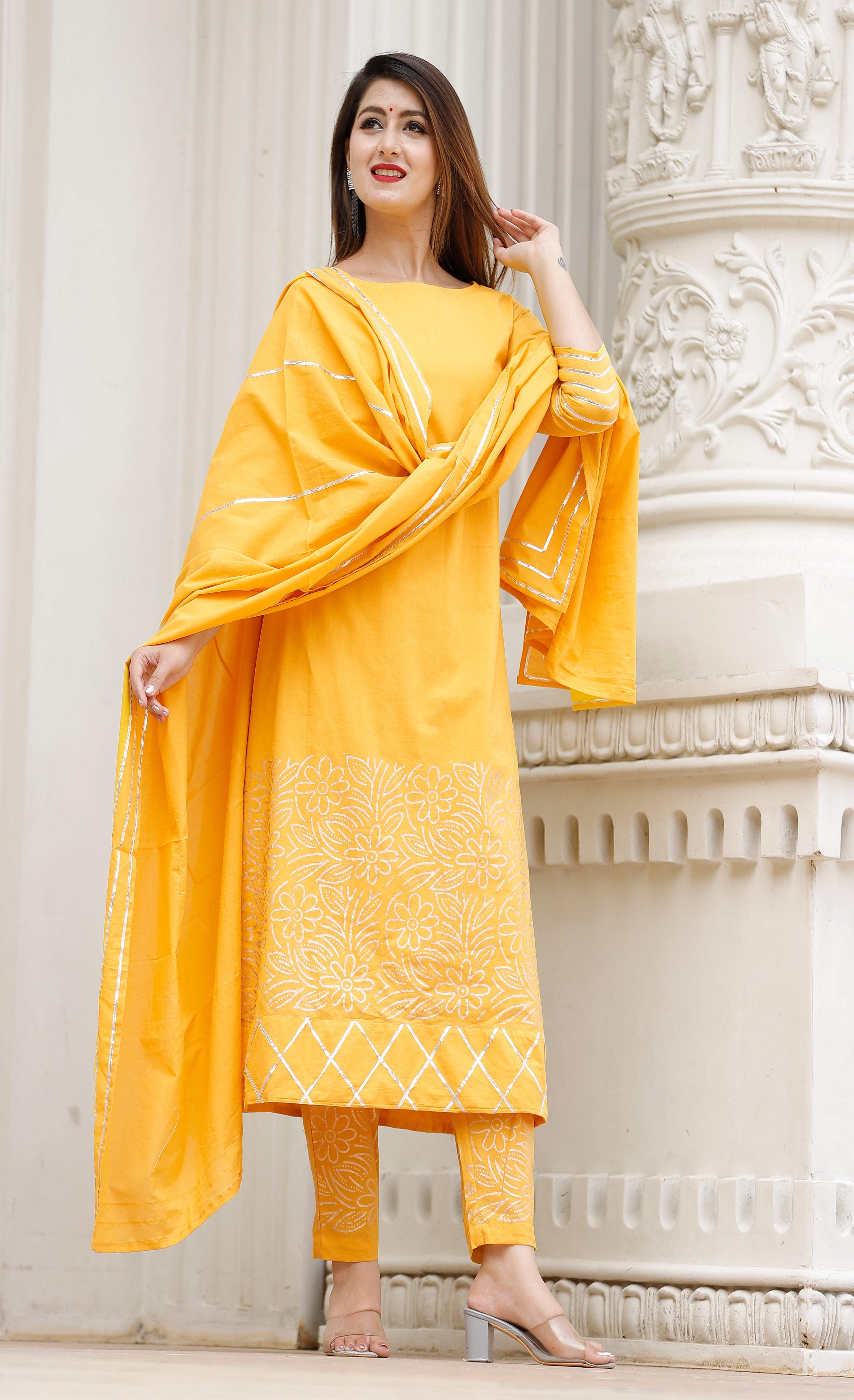Women's Yellow Hand Block A-Line Kurta Pant Set - Geeta Fashion