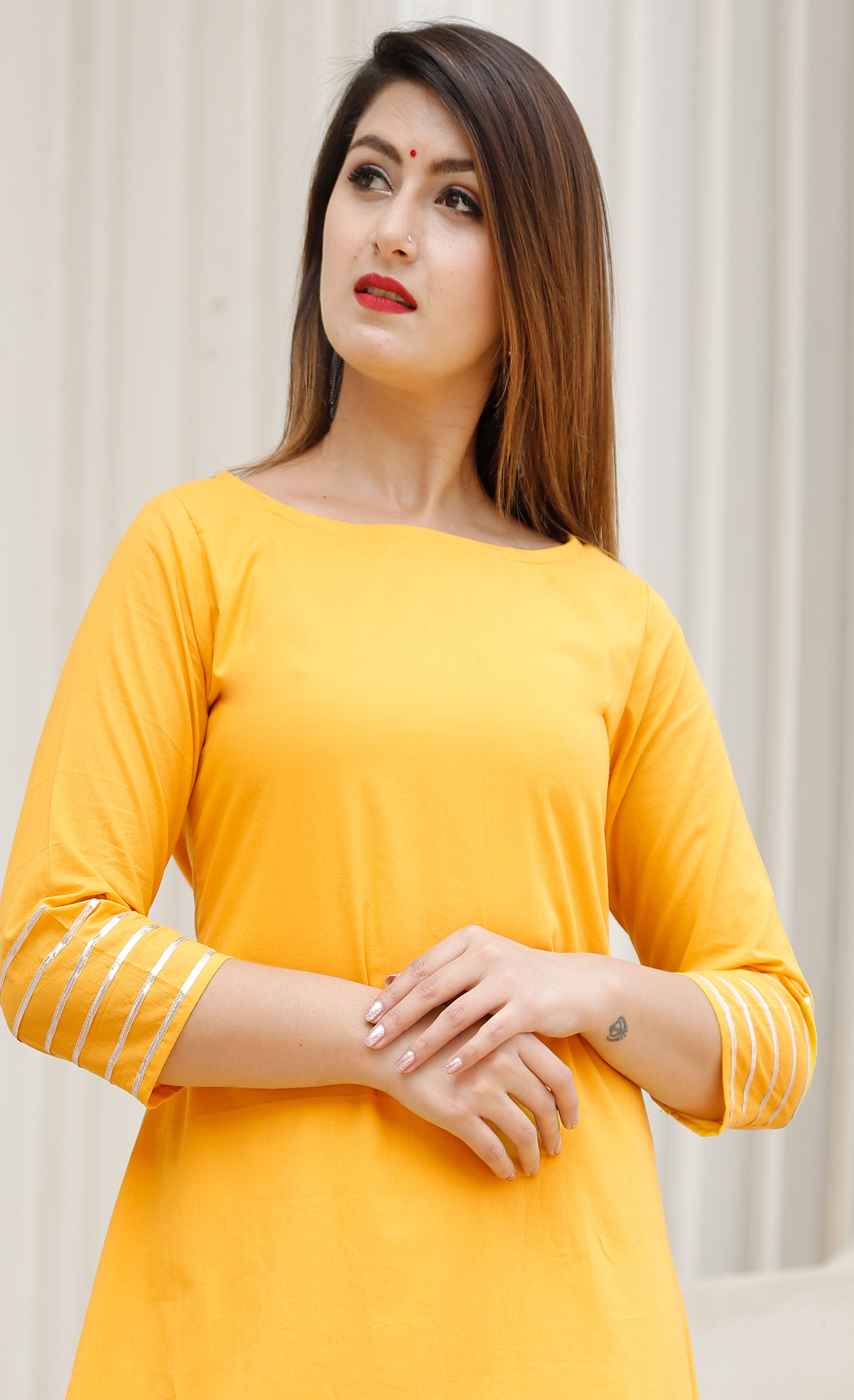Women's Yellow Hand Block A-Line Kurta Pant Set - Geeta Fashion