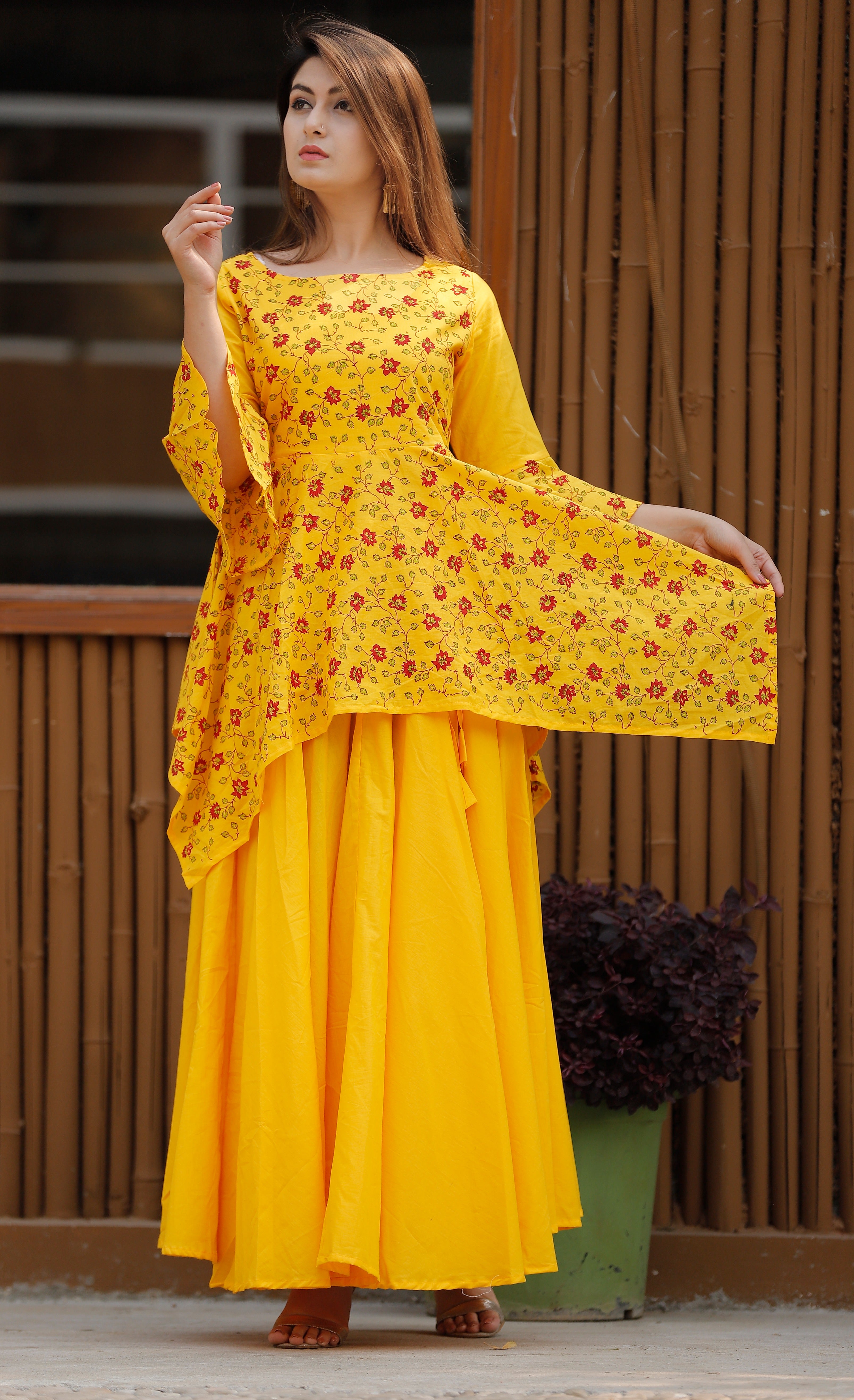 Women's Block Print Yellow Asymmetrical Lehenga Set - Geeta Fashion