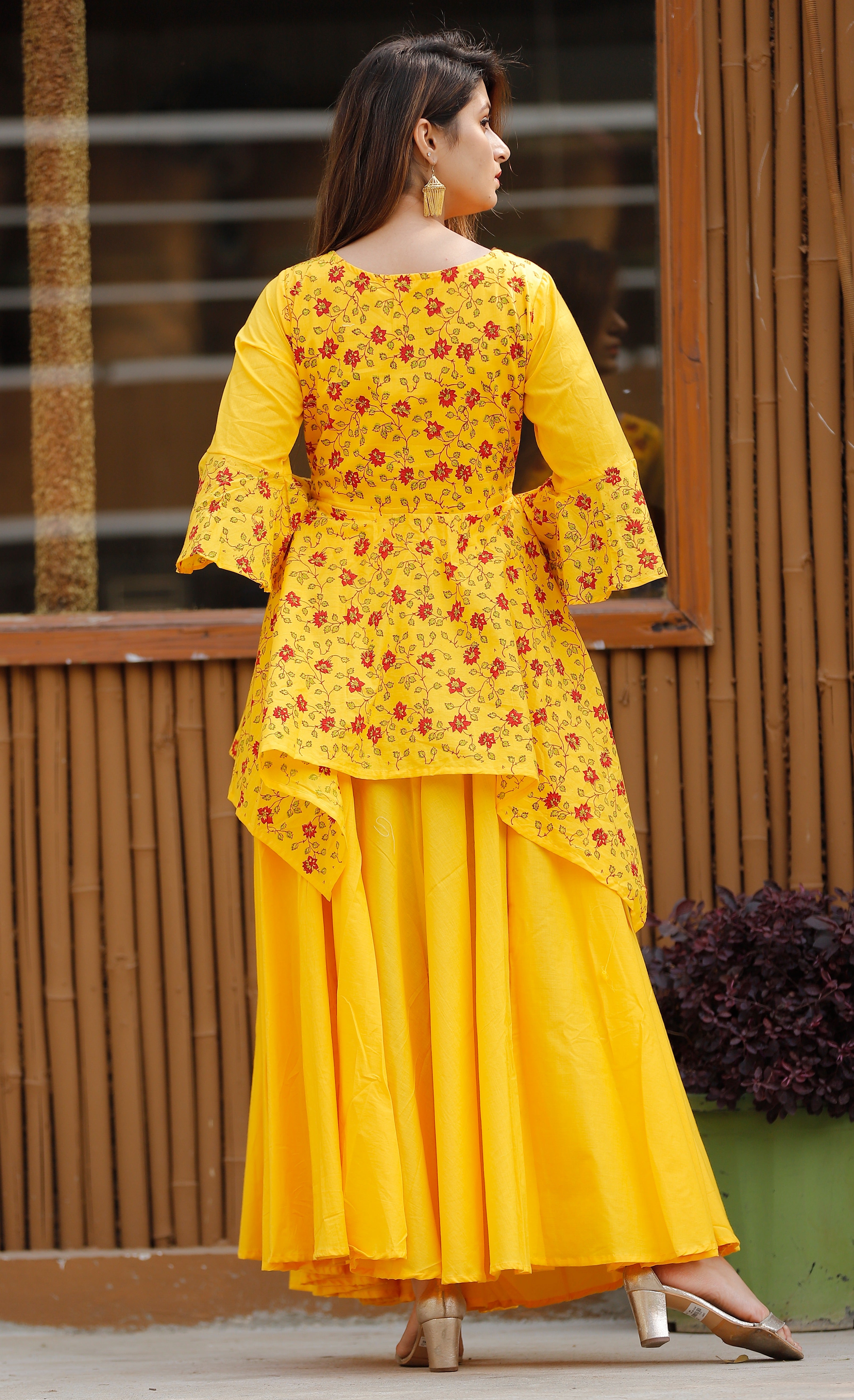 Women's Block Print Yellow Asymmetrical Lehenga Set - Geeta Fashion