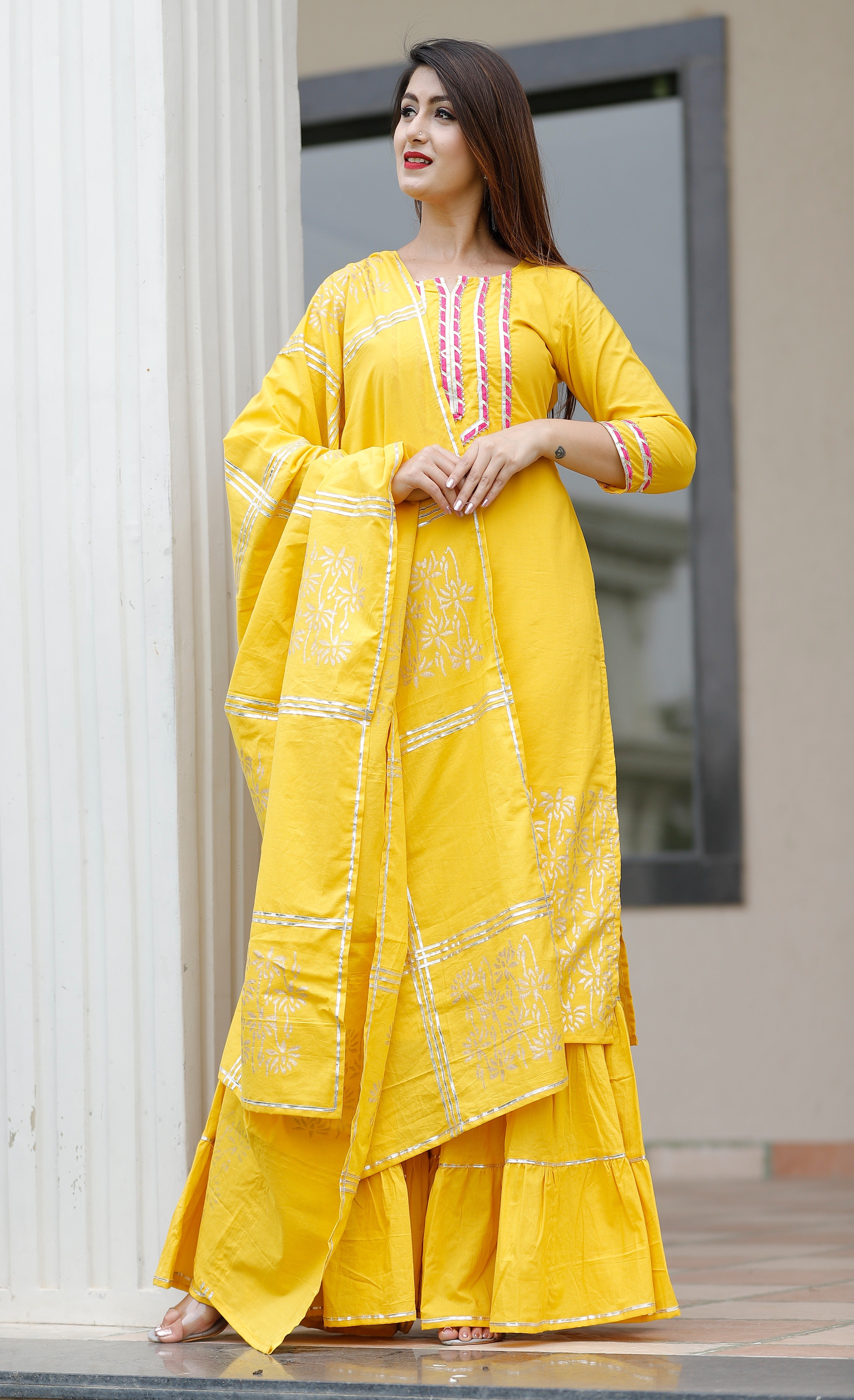 Women's Yellow Hand Block Kurta Sharara Set - Geeta Fashion